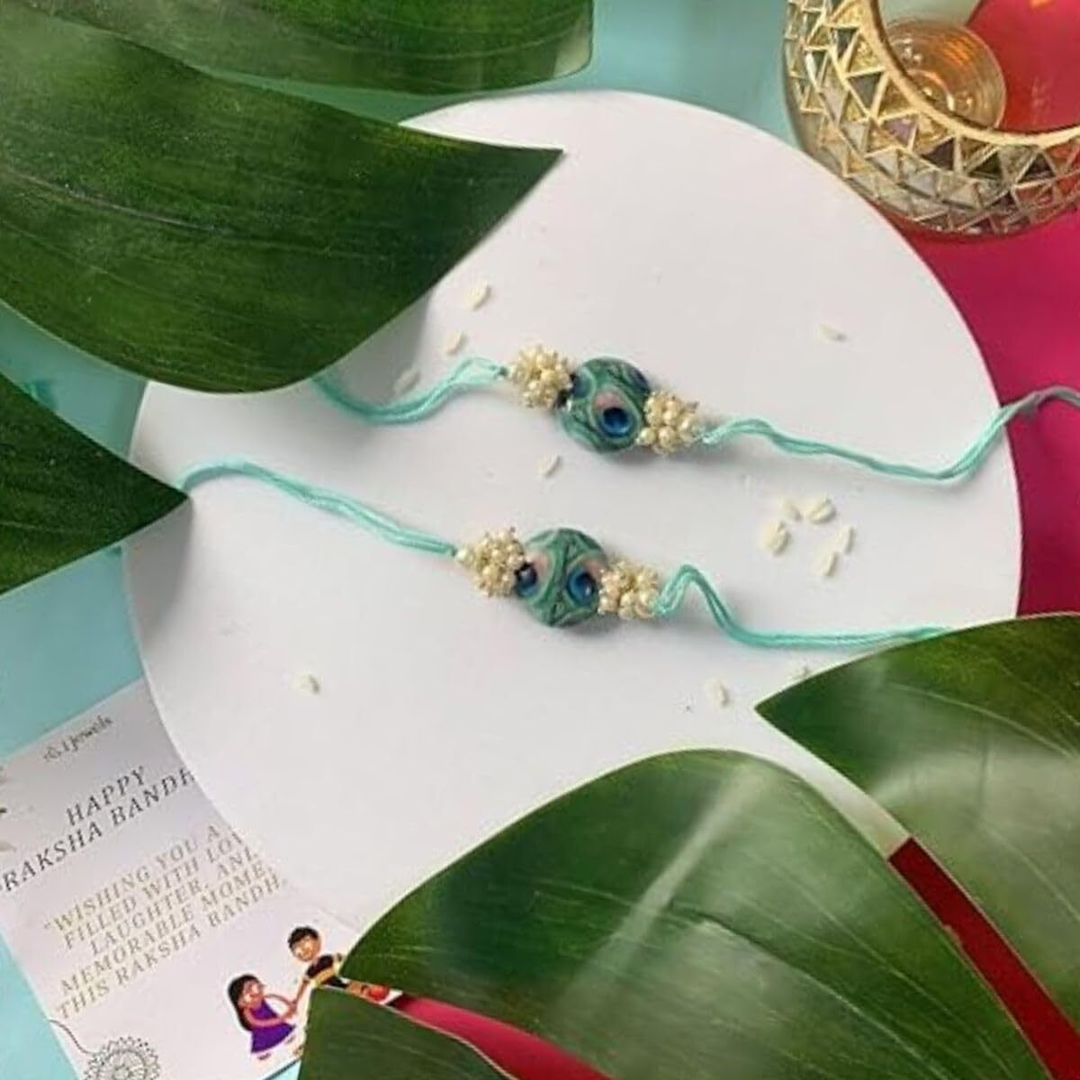 I Jewels Pearl & Peacock Feather Designer Bhaiya Rakhi With Roli Chawal For Brother/Bro/Men With Rakshabandhan Card
