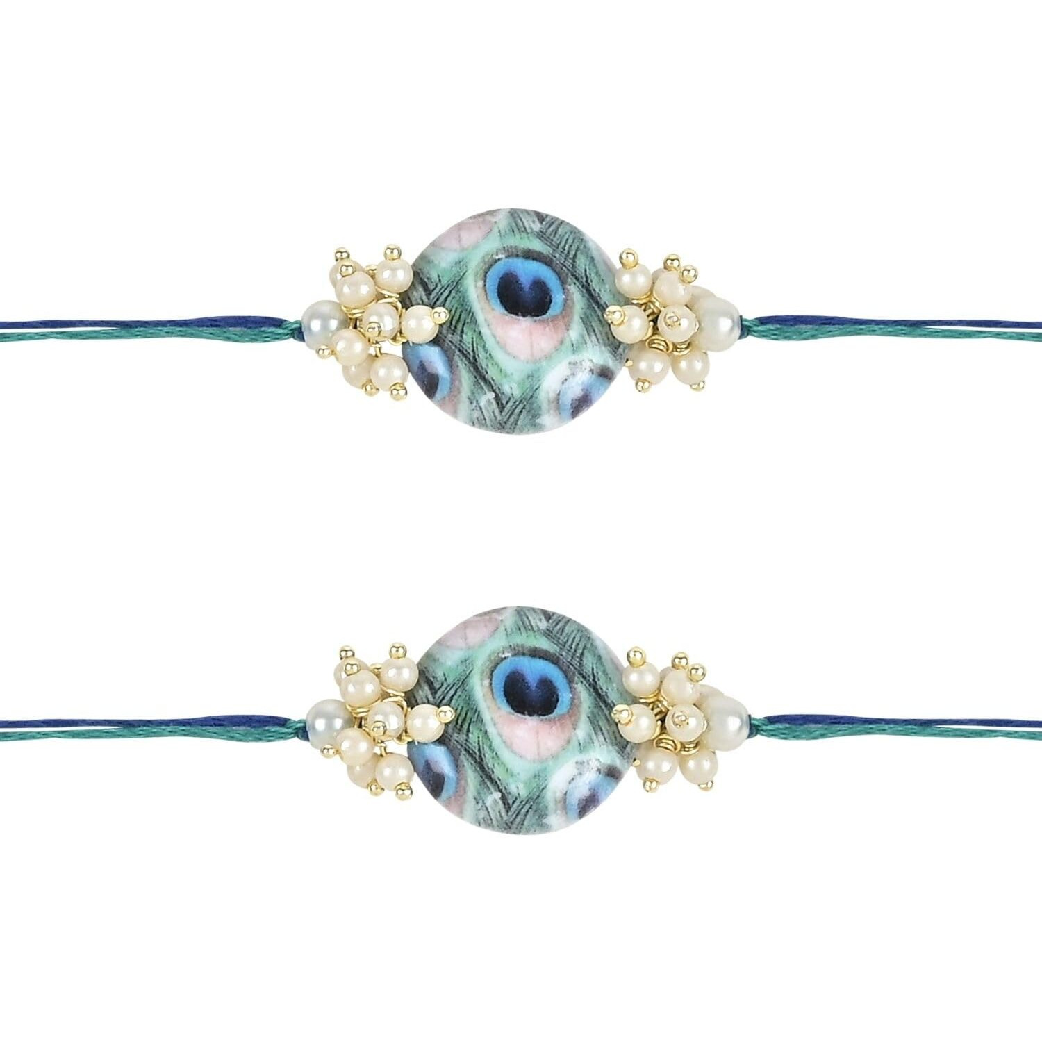 I Jewels Pearl & Peacock Feather Designer Bhaiya Rakhi With Roli Chawal For Brother/Bro/Men With Rakshabandhan Card