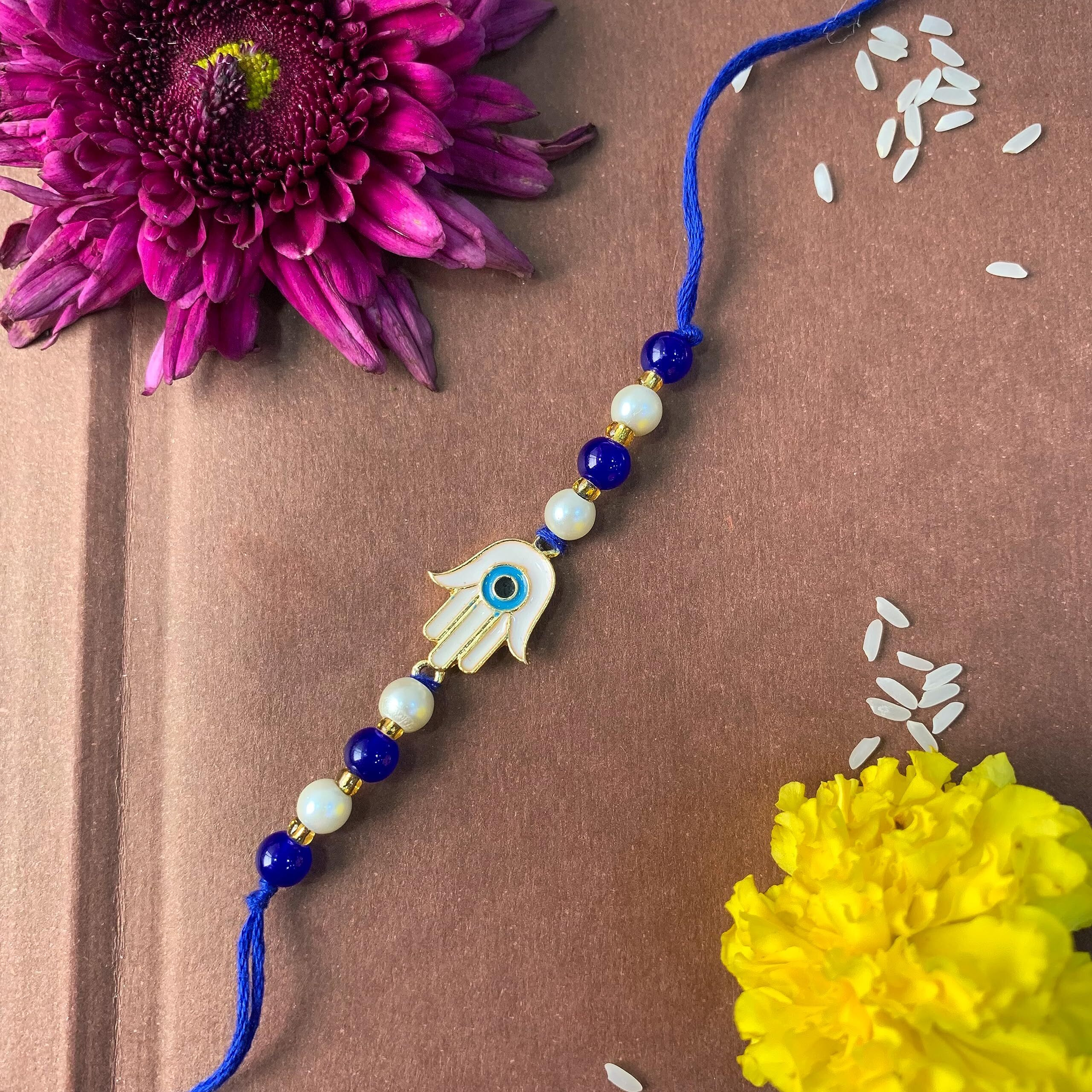 I Jewels Rakshabandhan Hamsa Shape Enamel Evil Eye Rakhi With Roli Chawal For Bhaiya/Brother/Bro/Men/Boys/Kids (R126)