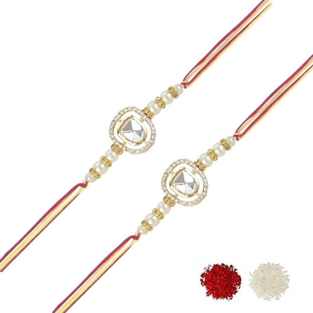 I Jewels Mens Designer Kundan Pearl Combo Rakhi With Roli Chawal & Rakshabandhan Card For Brother/Bro/Bhai (R094W-2) (Set Of 2)