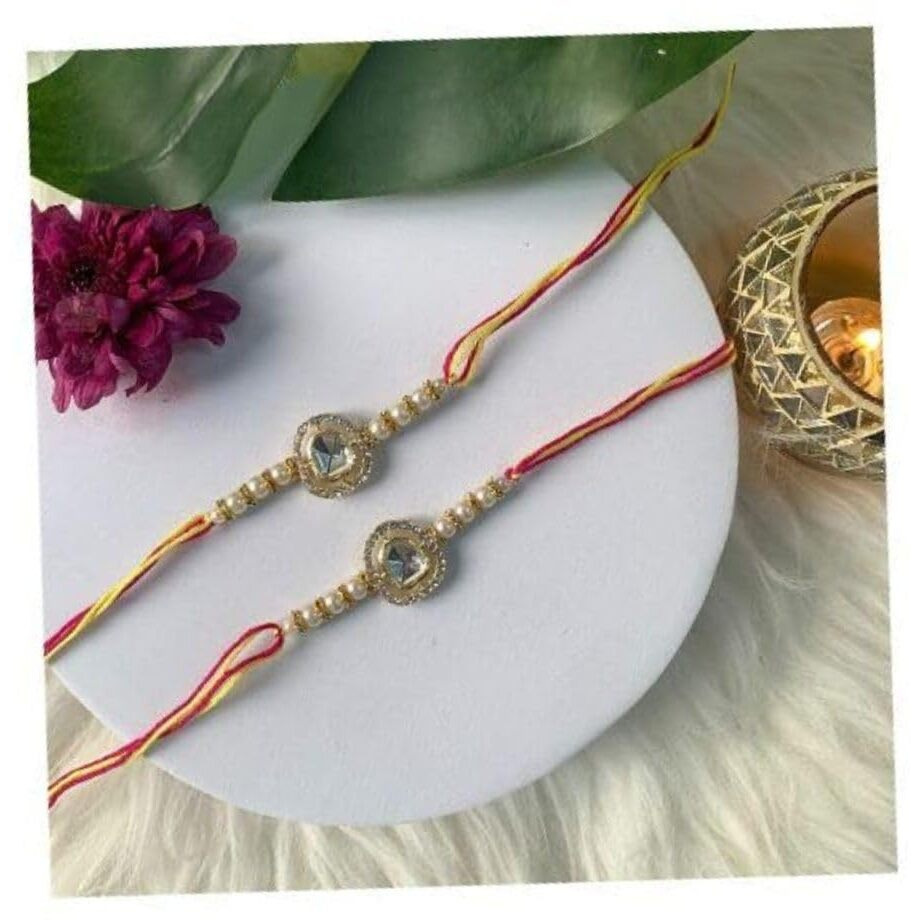 I Jewels Mens Designer Kundan Pearl Combo Rakhi With Roli Chawal & Rakshabandhan Card For Brother/Bro/Bhai (R094W-2) (Set Of 2)