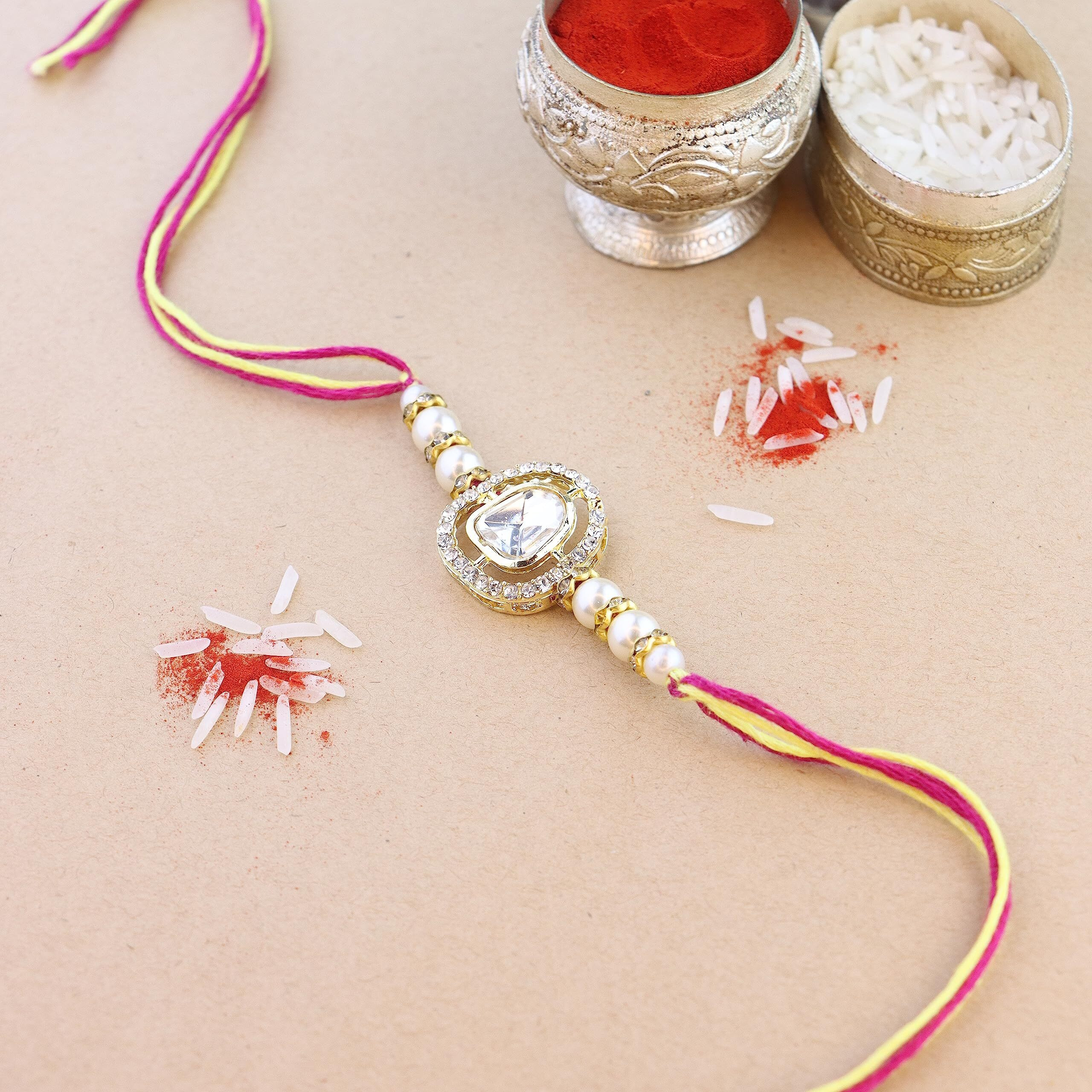 I Jewels Mens Designer Kundan Pearl Combo Rakhi With Roli Chawal & Rakshabandhan Card For Brother/Bro/Bhai (R094W-2) (Set Of 2)