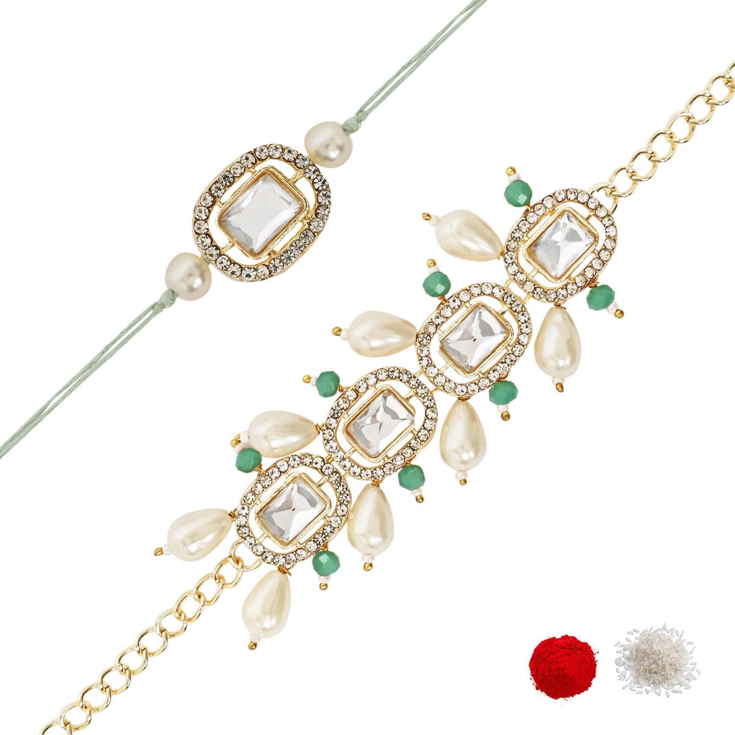 I Jewels Unisex Adult Designer Kundan & Pearl Hanging Bhaiya Bhabhi Lumba Rakhi Bracelet Set With Roli Chawal And Rakshabandhan Card (R155Min-Co)