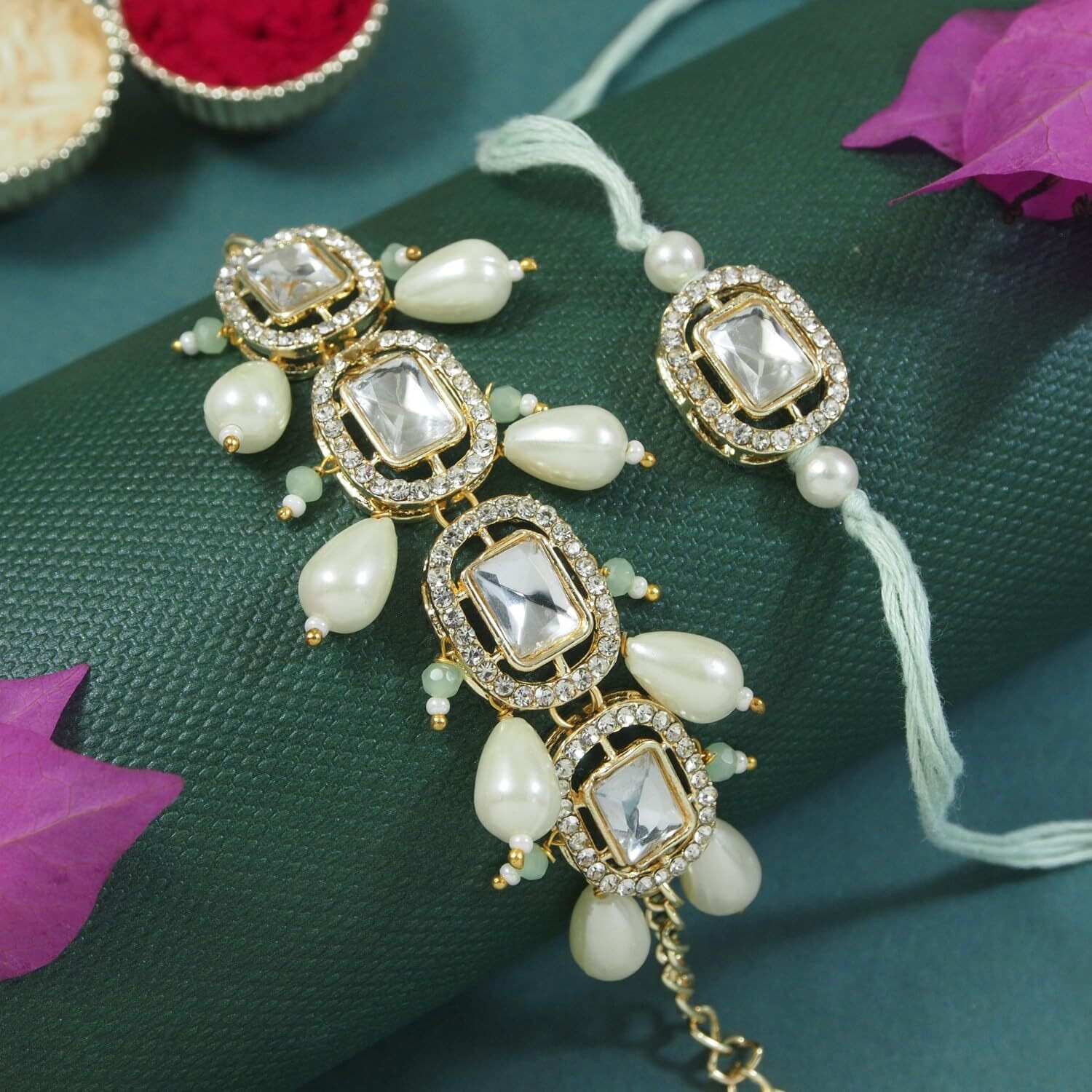 I Jewels Unisex Adult Designer Kundan & Pearl Hanging Bhaiya Bhabhi Lumba Rakhi Bracelet Set With Roli Chawal And Rakshabandhan Card (R155Min-Co)