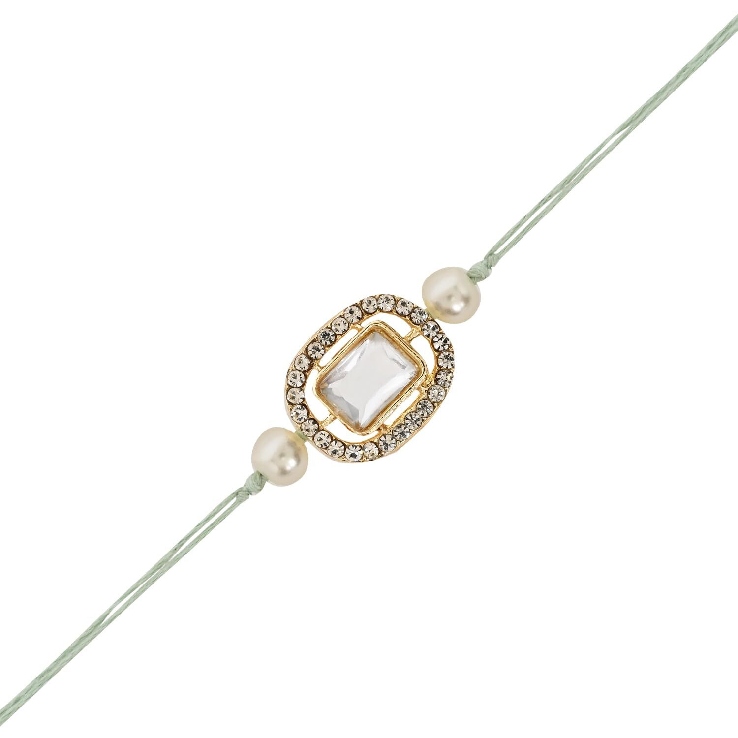 I Jewels Unisex Adult Designer Kundan & Pearl Hanging Bhaiya Bhabhi Lumba Rakhi Bracelet Set With Roli Chawal And Rakshabandhan Card (R155Min-Co)