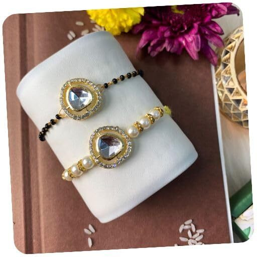 I Jewels Elegant Kundan Stone Bhaiya Bhabhi Mangalsutra Bracelet Rakhi Set With Roli Chawal & Rakshabandhan Card For Brother/Bro/Men (R138-Co)