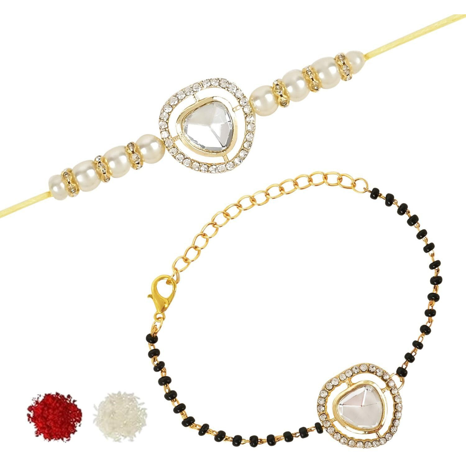 I Jewels Elegant Kundan Stone Bhaiya Bhabhi Mangalsutra Bracelet Rakhi Set With Roli Chawal & Rakshabandhan Card For Brother/Bro/Men (R138-Co)