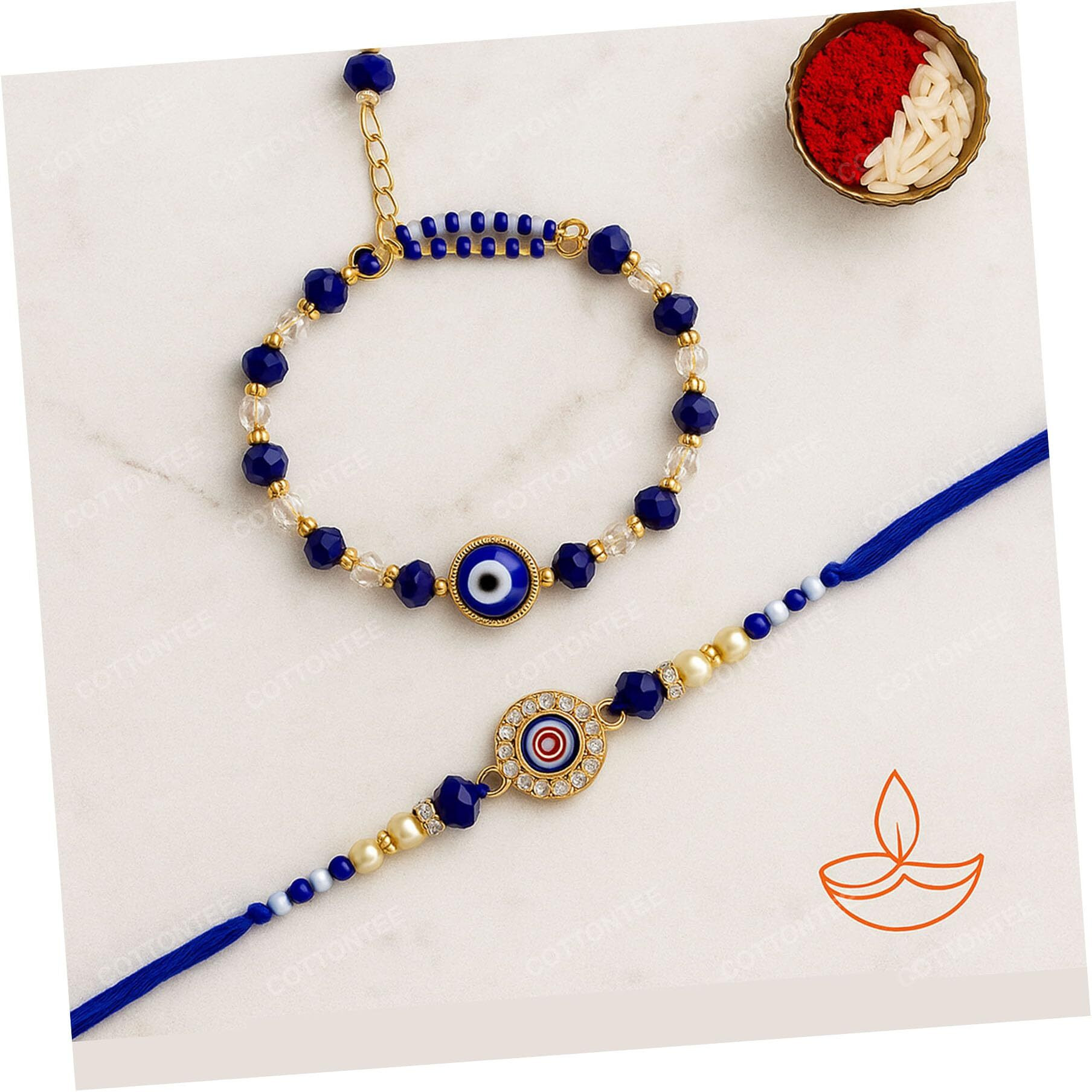 Cottontee Bhaiya Bhabhi Rakhi Set With Evil Eye Charm, Coaster & Kumkum Chawal | Couple Combo Rakhi Gift With Assorted Color | Raksha Bandhan Special