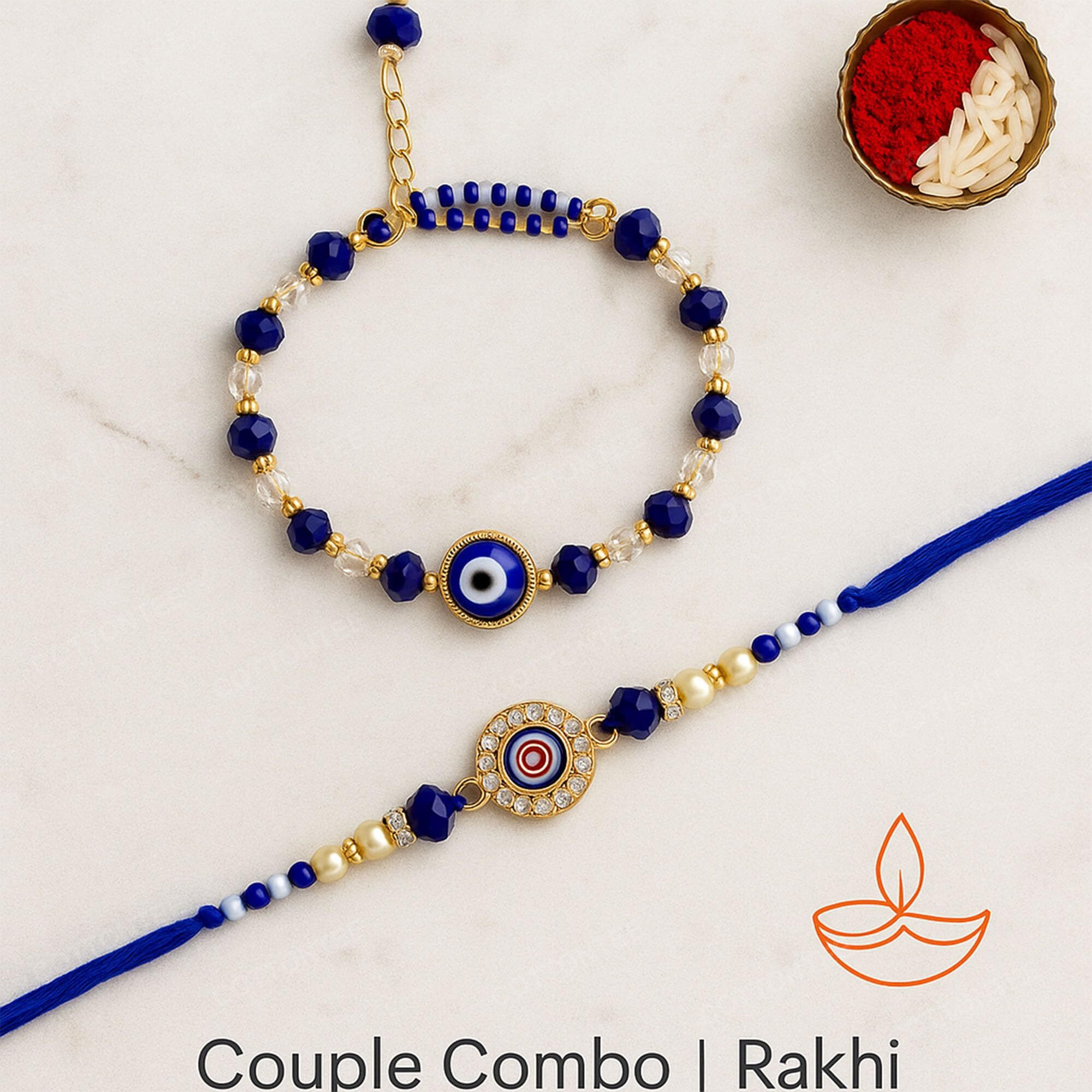 Cottontee Bhaiya Bhabhi Rakhi Set With Evil Eye Charm, Coaster & Kumkum Chawal | Couple Combo Rakhi Gift With Assorted Color | Raksha Bandhan Special
