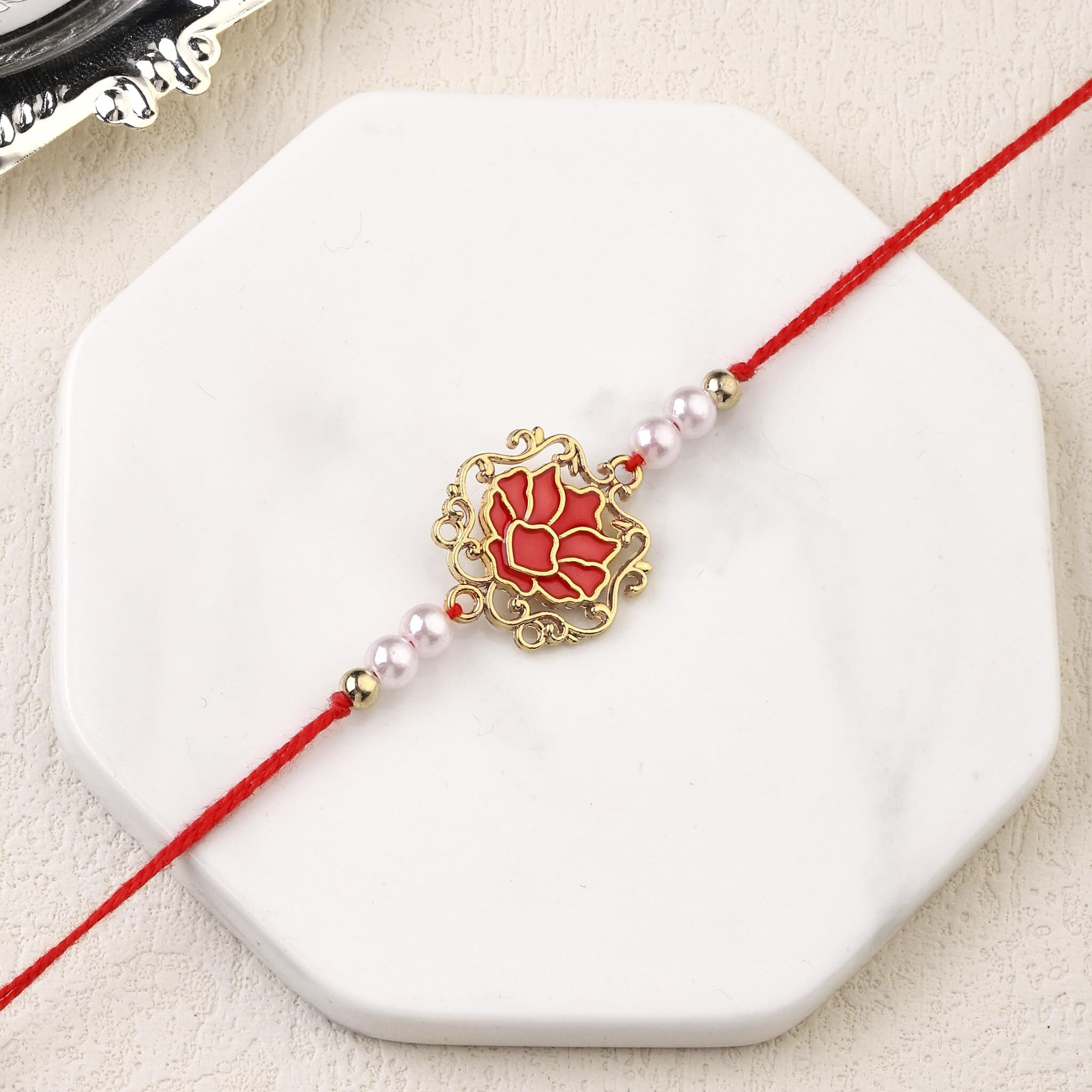 Salty Set Of 1 Tranquil Lotus Pearl Designer Thread Rakhi For Brother | Rakhi Gift Pack For Sister, Bhaiya And Bhabhi | Bracelet For Men, Women | Fancy Jewellery Combo Gifts | Ideal For Gifting Hamper