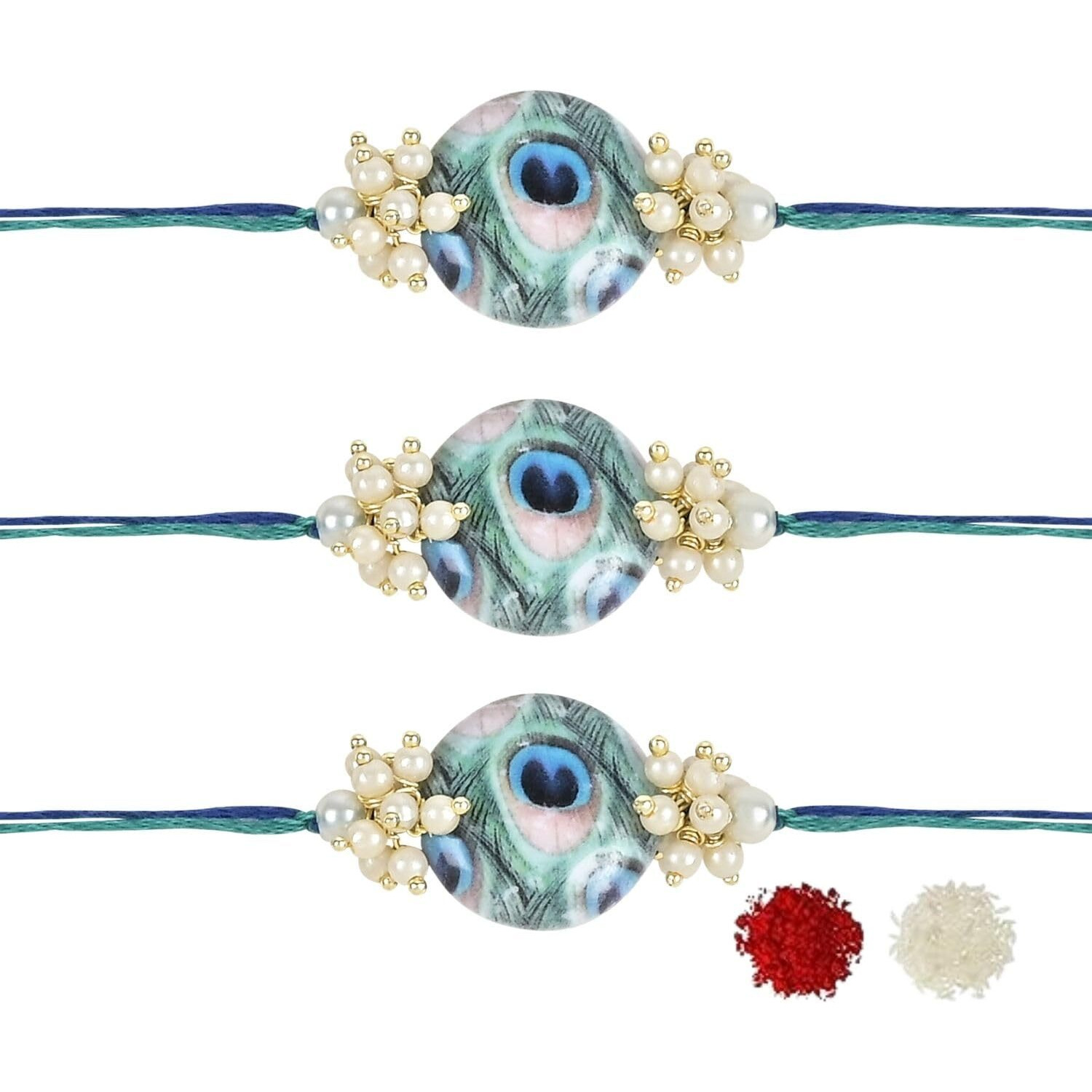I Jewels Pearl & Peacock Feather Designer Bhaiya Rakhi With Roli Chawal For Brother/Bro/Men With Rakshabandhan Card