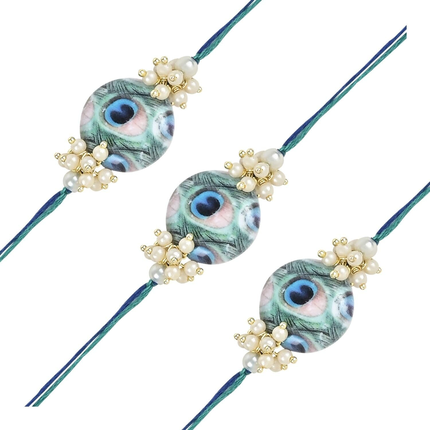 I Jewels Pearl & Peacock Feather Designer Bhaiya Rakhi With Roli Chawal For Brother/Bro/Men With Rakshabandhan Card