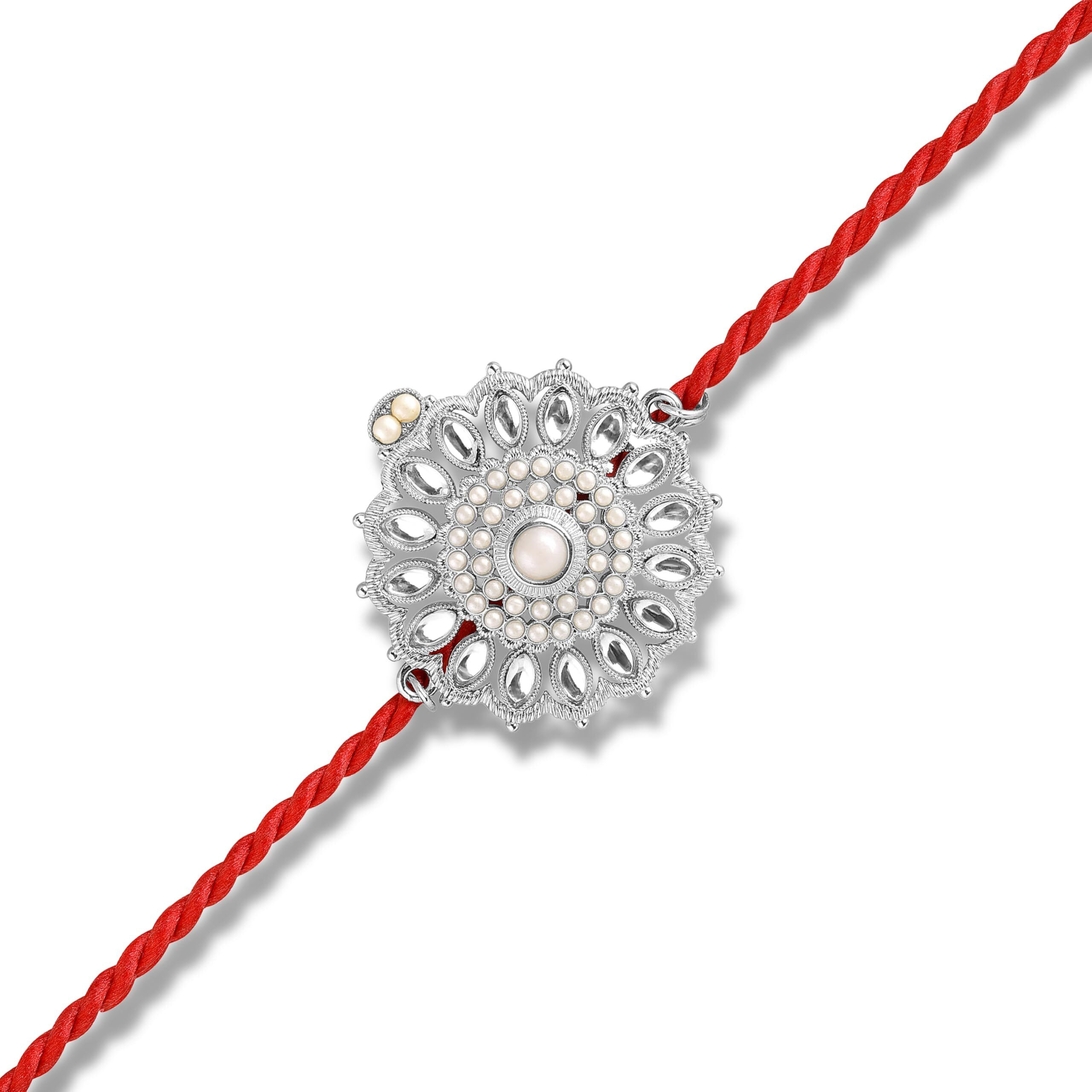 Mahi Royal Rakhi For Brother | Silver-Toned Floral Motif With Artificial Pearl & Red Thread (Ra1100831Rwhi)