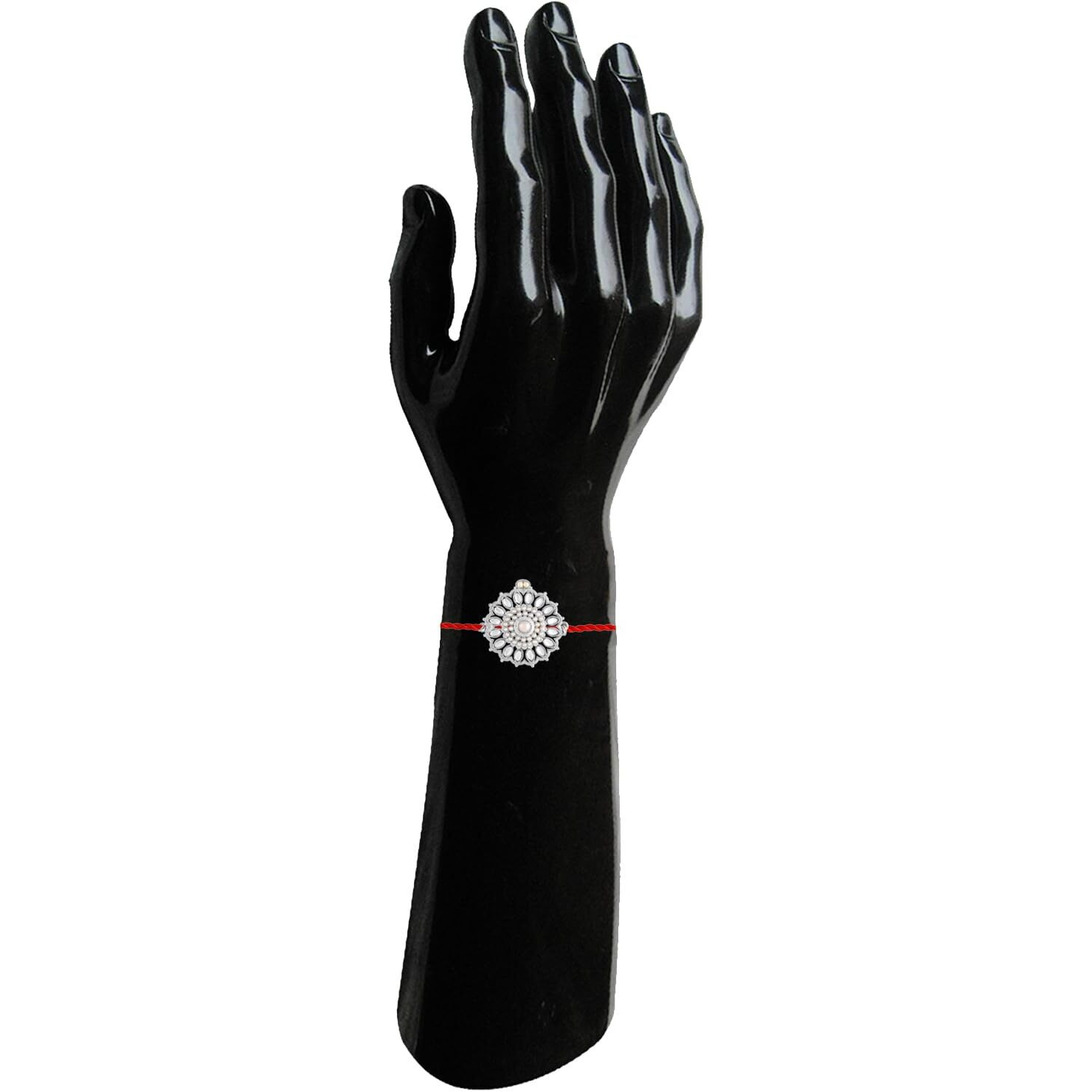 Mahi Royal Rakhi For Brother | Silver-Toned Floral Motif With Artificial Pearl & Red Thread (Ra1100831Rwhi)