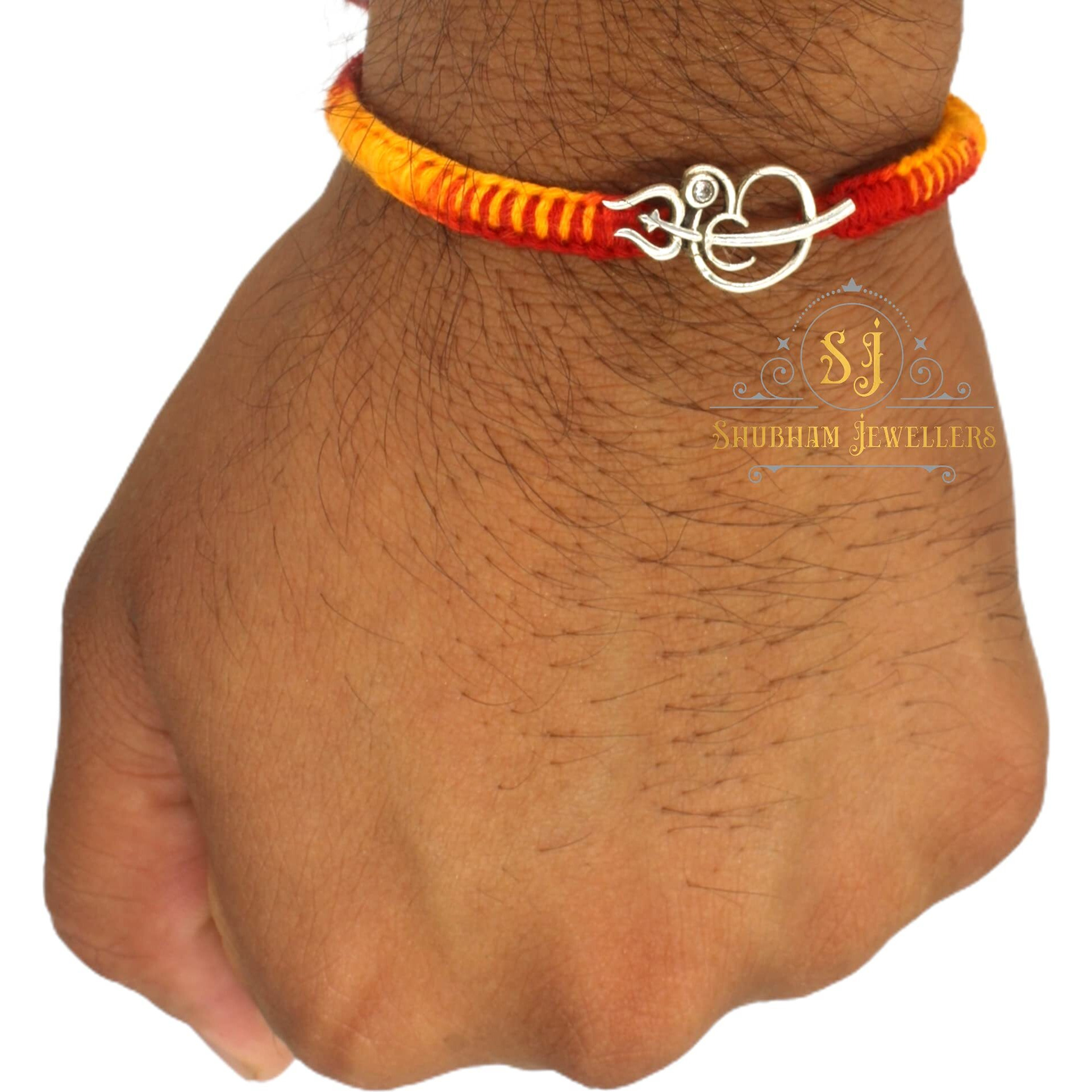 Nuzzrii Pure 925 Sterling Silver Rakhi For Brother Charm Bracelet Raksha Bandhan With Pure Cotton Thread For Men, Boys, Rakhis By Shubham Jewellers Omtrcur