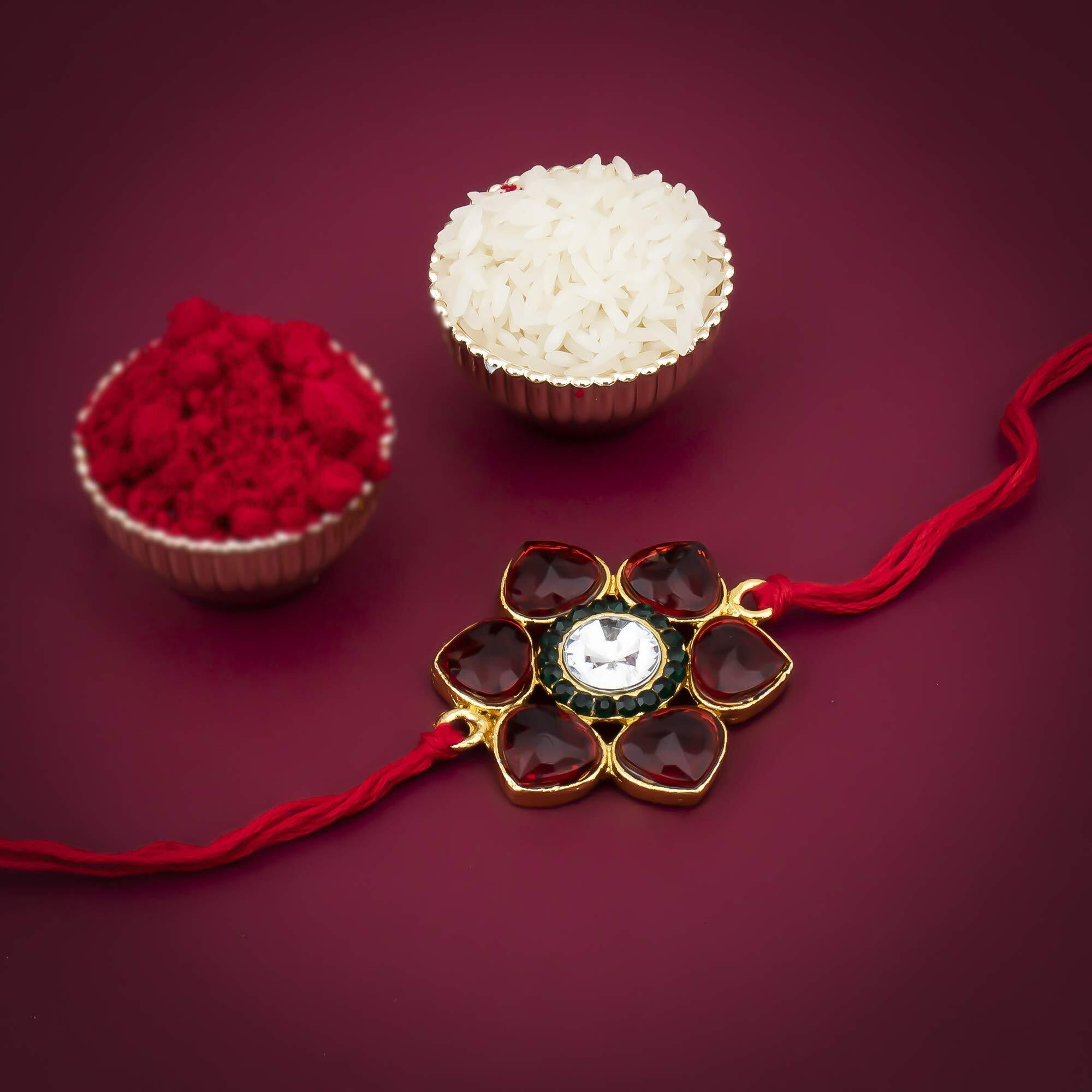 Sukkhi Rakhi Amazing Kundan Designer Gold Plated Premium Rakhi For Brother With Roli Chawal & Greeting Card | Rakhi For Bhaiya | Rakhi For Men | Kundan Rakhi | (Rak73425)