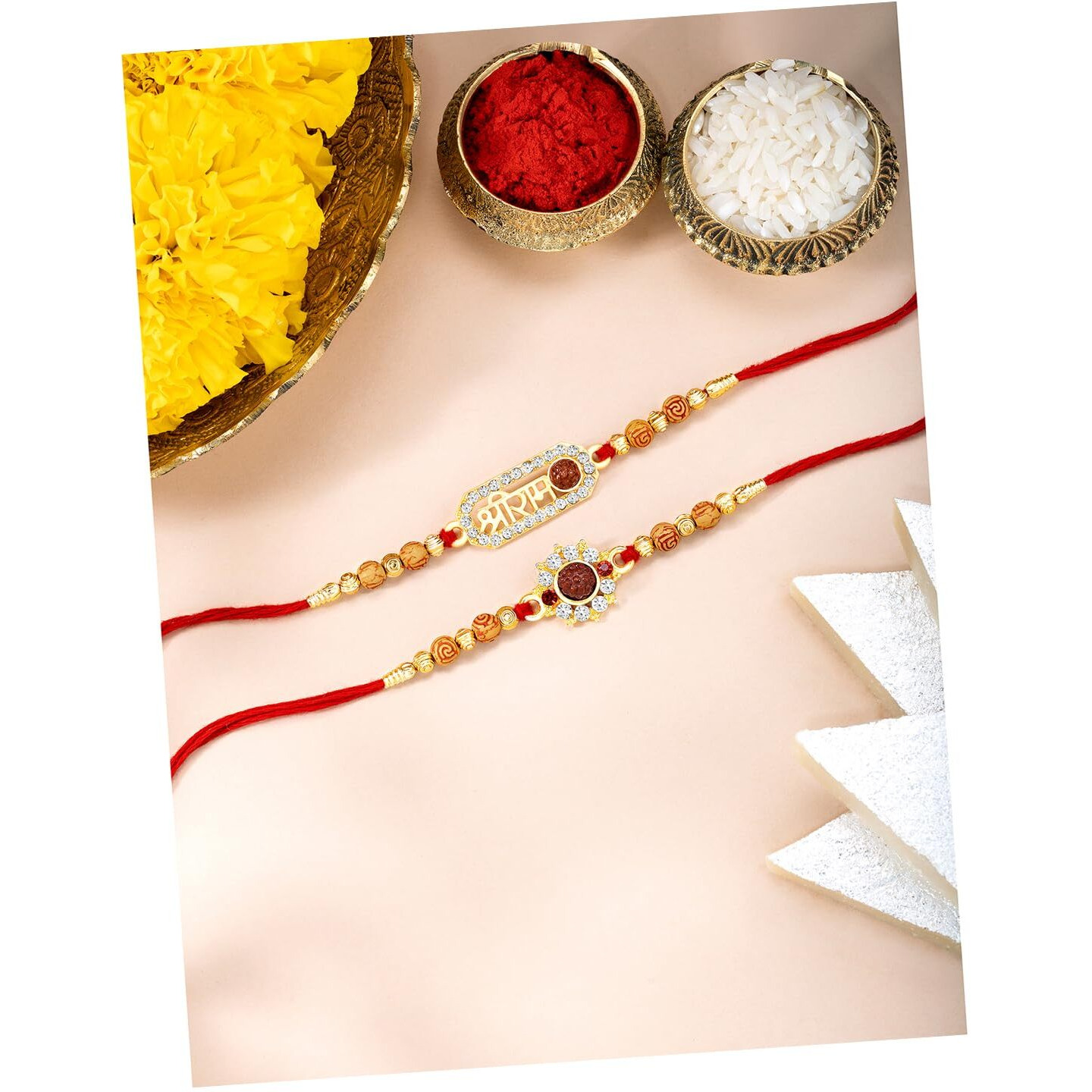 Peora Shree Ram Rakhi For Brother Bhaiya | Crystal & Beads Studded | Red Thread | Raksha Bandhan Hamper With Roli Chawal Greeting Card (Combo, Pack Of 2)