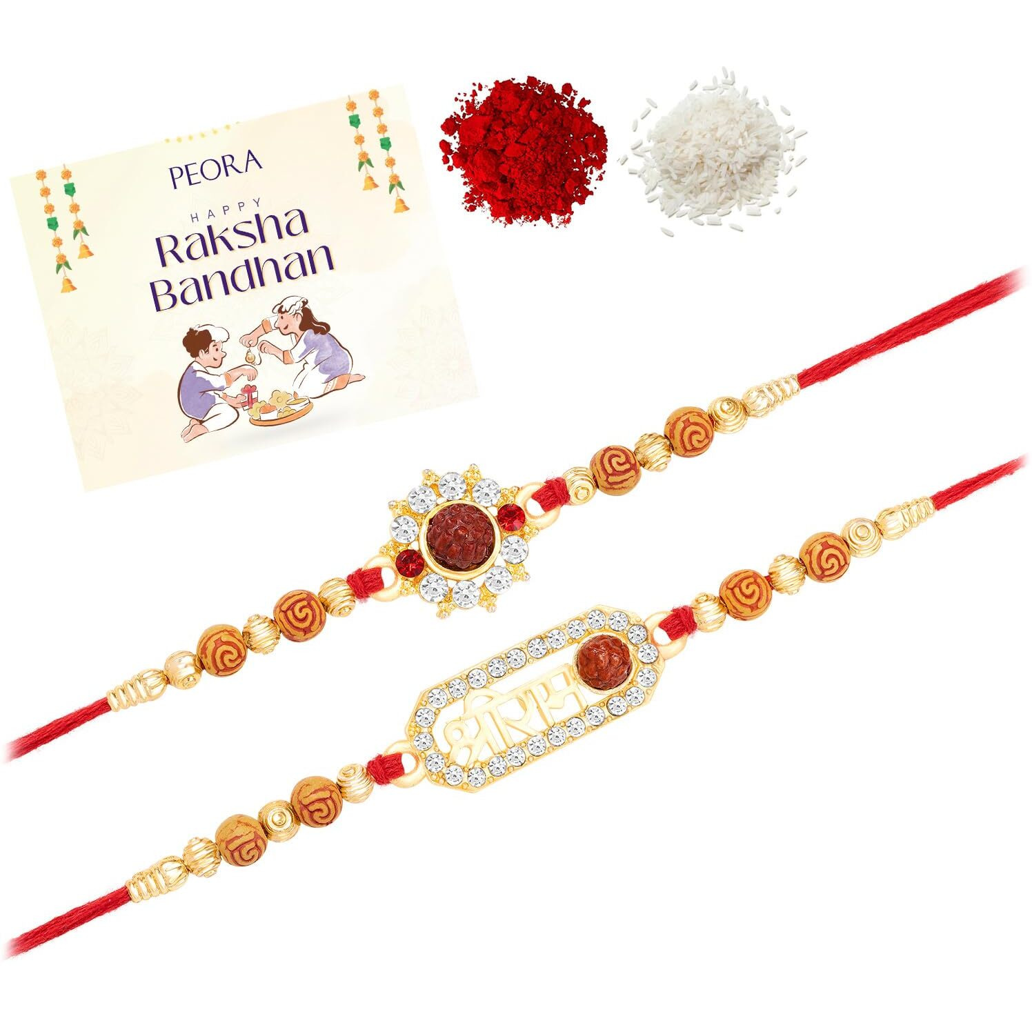 Peora Shree Ram Rakhi For Brother Bhaiya | Crystal & Beads Studded | Red Thread | Raksha Bandhan Hamper With Roli Chawal Greeting Card (Combo, Pack Of 2)