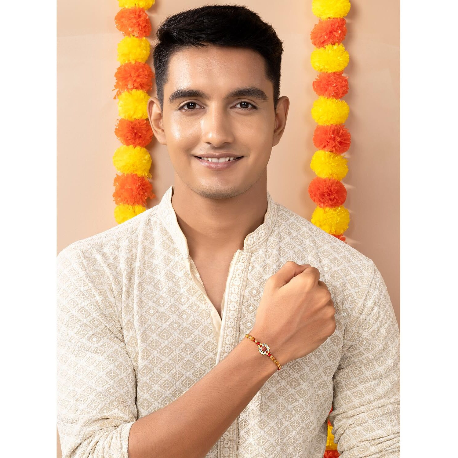 Peora Shree Ram Rakhi For Brother Bhaiya | Crystal & Beads Studded | Red Thread | Raksha Bandhan Hamper With Roli Chawal Greeting Card (Combo, Pack Of 2)
