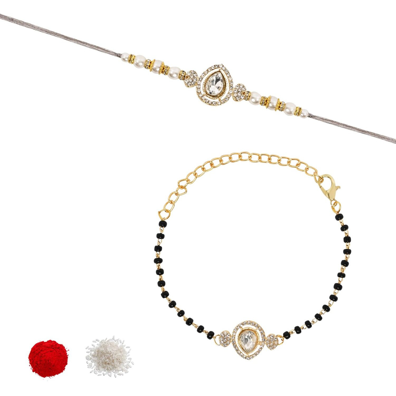 I Jewels Designer Kundan Stone Bhaiya Bhabhi Mangalsutra Bracelet Rakhi Set With Roli Chawal & Rakshabandhan Card For Unisex Adult (White)