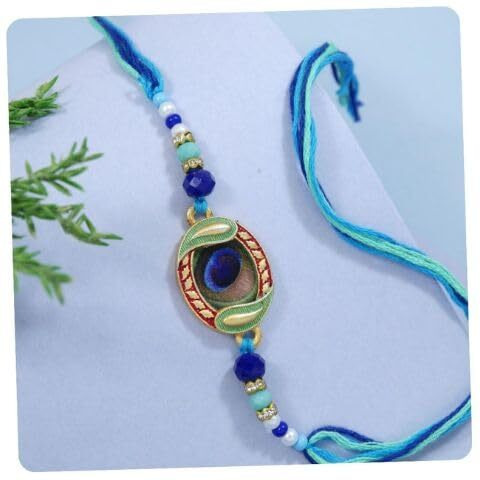 I Jewels Peacock Feather Rakhi With Roli Chawal & Rakshabandhan Card For Bro/Brother/Bhai (R321)