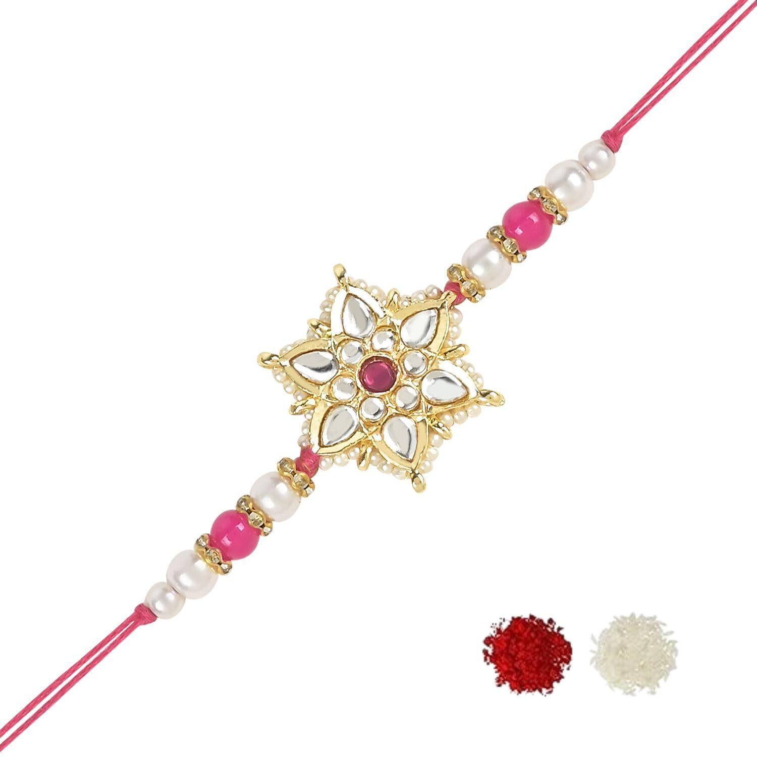 I Jewels Pearl & Kundan Bhaiya Rakhi With Roli Chawal For Brother/Bro/Men With Rakshabandhan Card (R116Q)