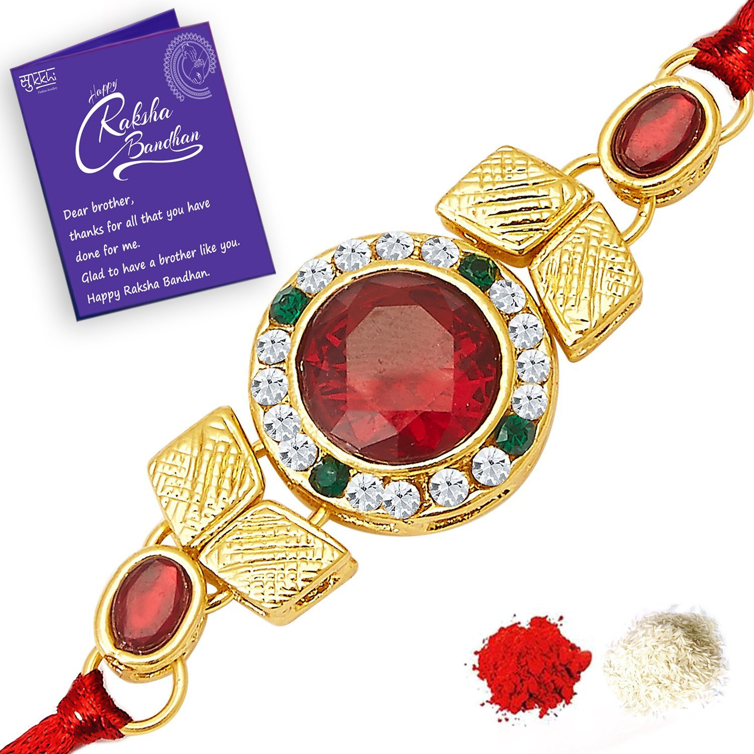 Sukkhi Rakhi Classical Kundan Designer Gold Plated Premium Rakhi For Brother With Roli Chawal & Greeting Card | Rakhi For Bhaiya | Rakhi For Men | Kundan Rakhi | (Rak73478)