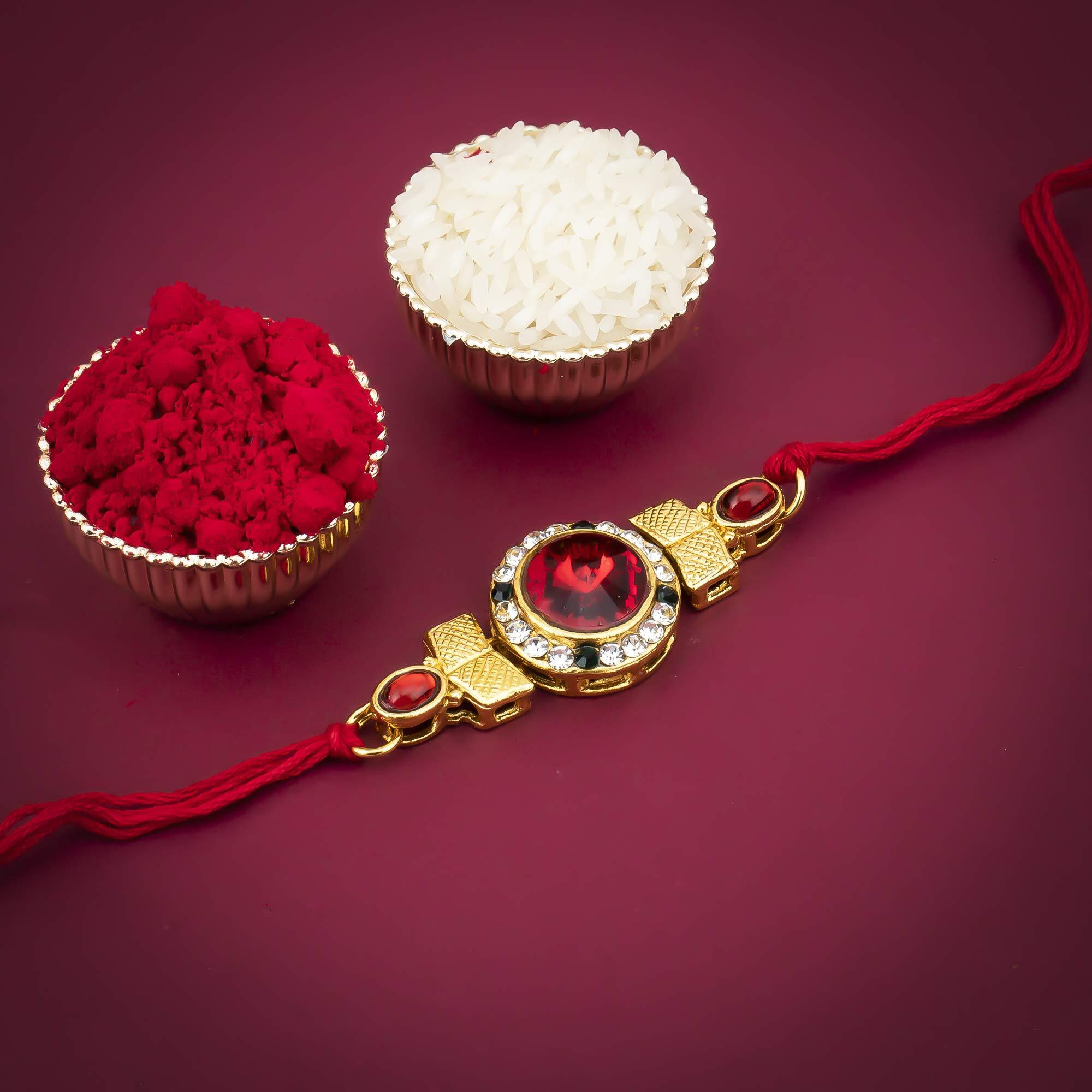 Sukkhi Rakhi Classical Kundan Designer Gold Plated Premium Rakhi For Brother With Roli Chawal & Greeting Card | Rakhi For Bhaiya | Rakhi For Men | Kundan Rakhi | (Rak73478)