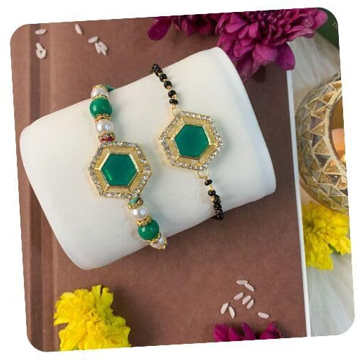 I Jewels Elegant Kundan Stone Bhaiya Bhabhi Mangalsutra Bracelet Rakhi Set With Roli Chawal & Rakshabandhan Card For Brother/Bro/Men (R134-Co)
