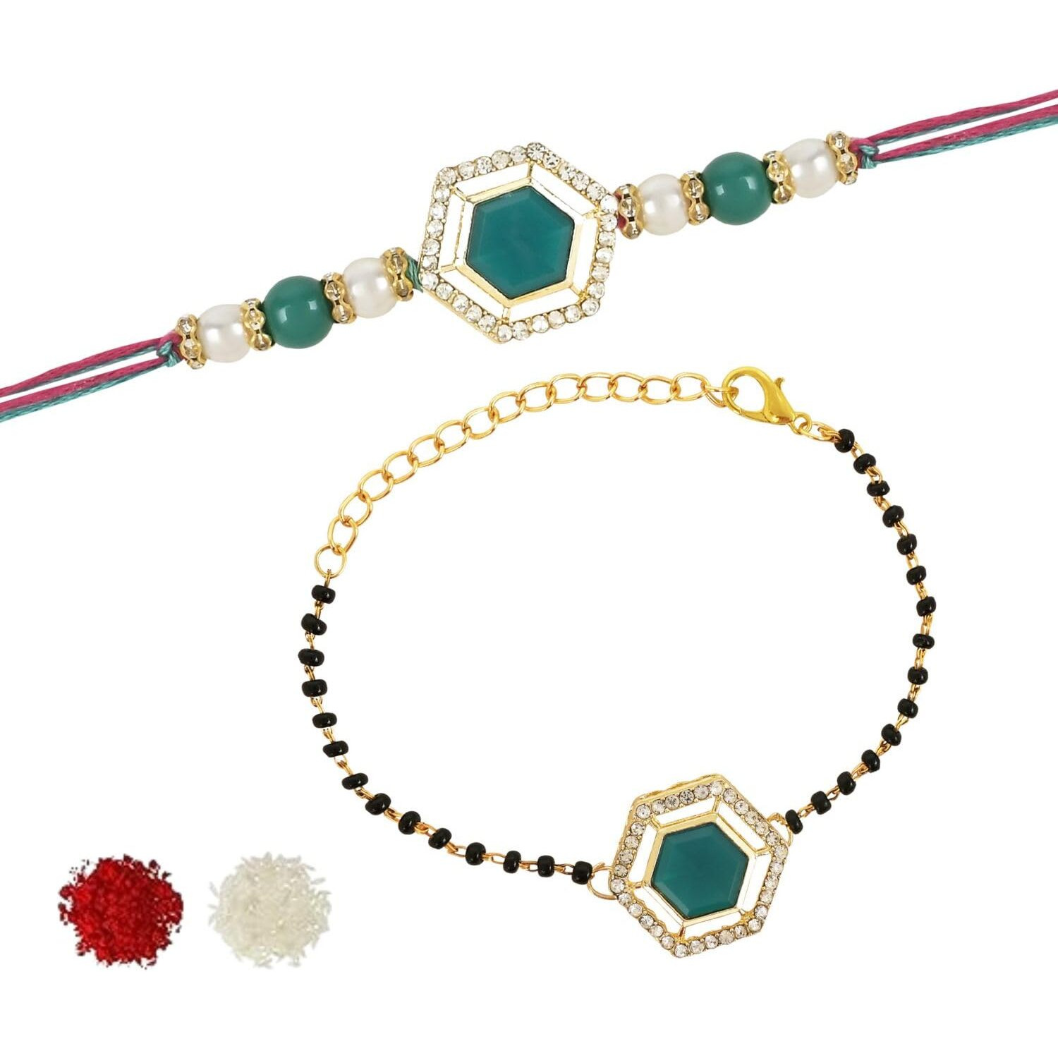 I Jewels Elegant Kundan Stone Bhaiya Bhabhi Mangalsutra Bracelet Rakhi Set With Roli Chawal & Rakshabandhan Card For Brother/Bro/Men (R134-Co)