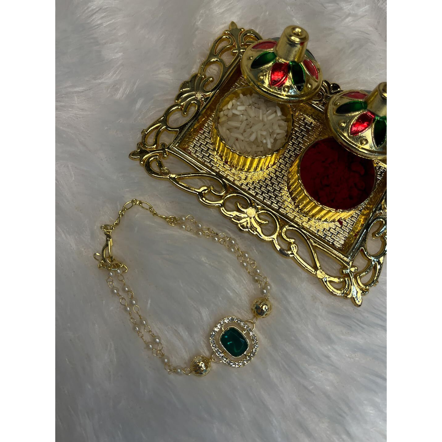 Mahi Gold Plated Classic Kundan And Artificial Pearl Studded Ethnic Lumba Rakhi (Ral1100817Ggre)