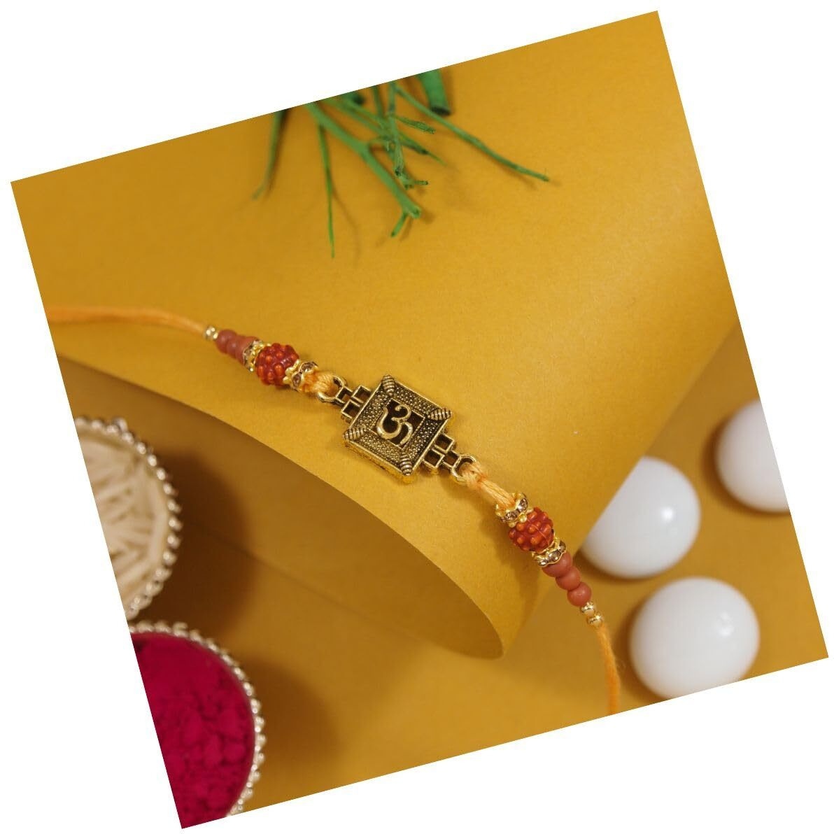 I Jewels Enamel Om & Rudraksha Beads Design Rakhi With Roli Chawal & Rakshabandhan Card For Bro/Brother/Bhai (Yellow)