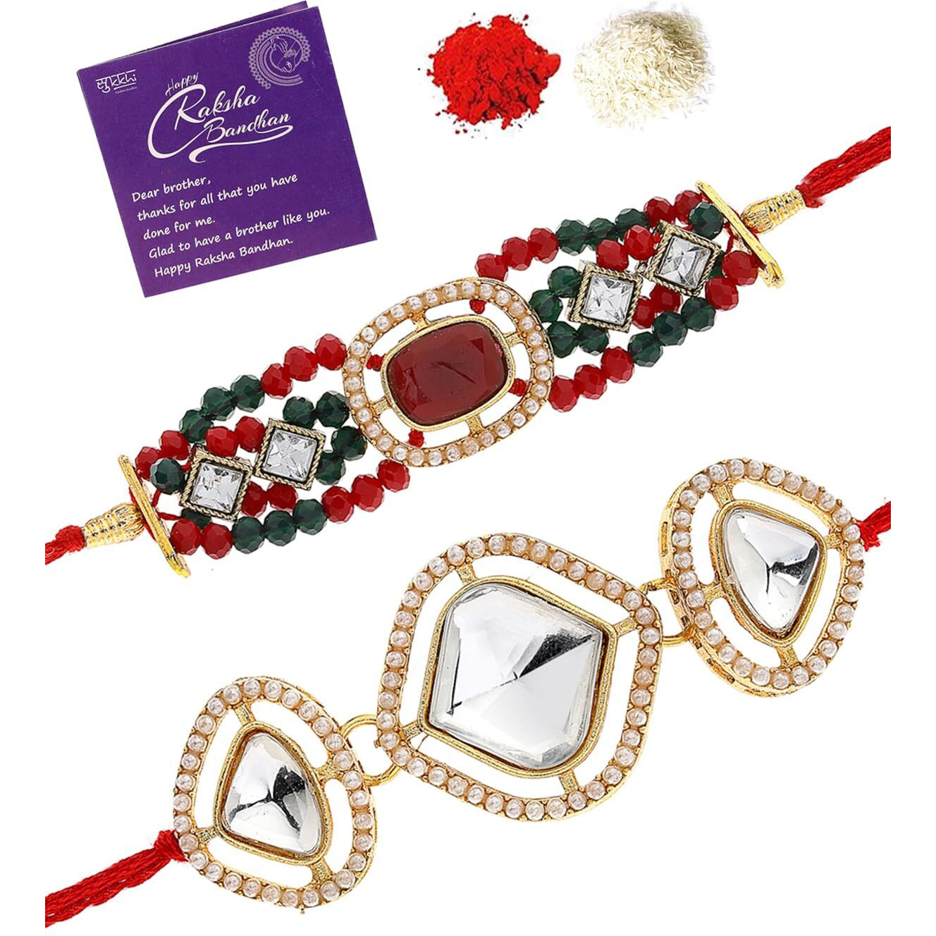 Sukkhi Rakhi Excellent Kundan & Pearls Designer Gold Plated Premium Rakhi For Brother With Roli Chawal & Greeting Card|Rakhi For Brother/Bhaiya/Bhai/Men|Kundan Rakhi|Rakhi Combo-Set Of 2|Cbrak106963
