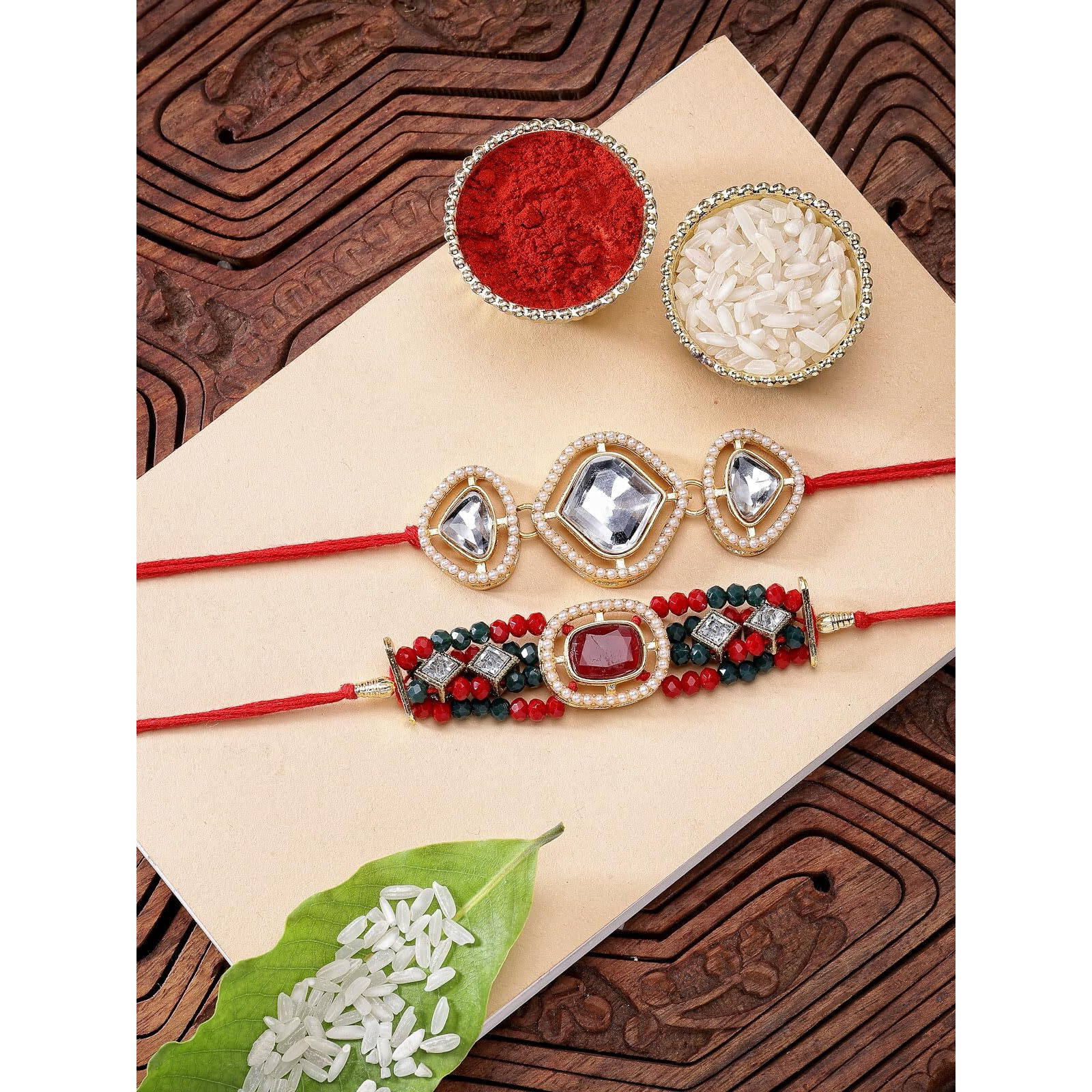 Sukkhi Rakhi Excellent Kundan & Pearls Designer Gold Plated Premium Rakhi For Brother With Roli Chawal & Greeting Card|Rakhi For Brother/Bhaiya/Bhai/Men|Kundan Rakhi|Rakhi Combo-Set Of 2|Cbrak106963