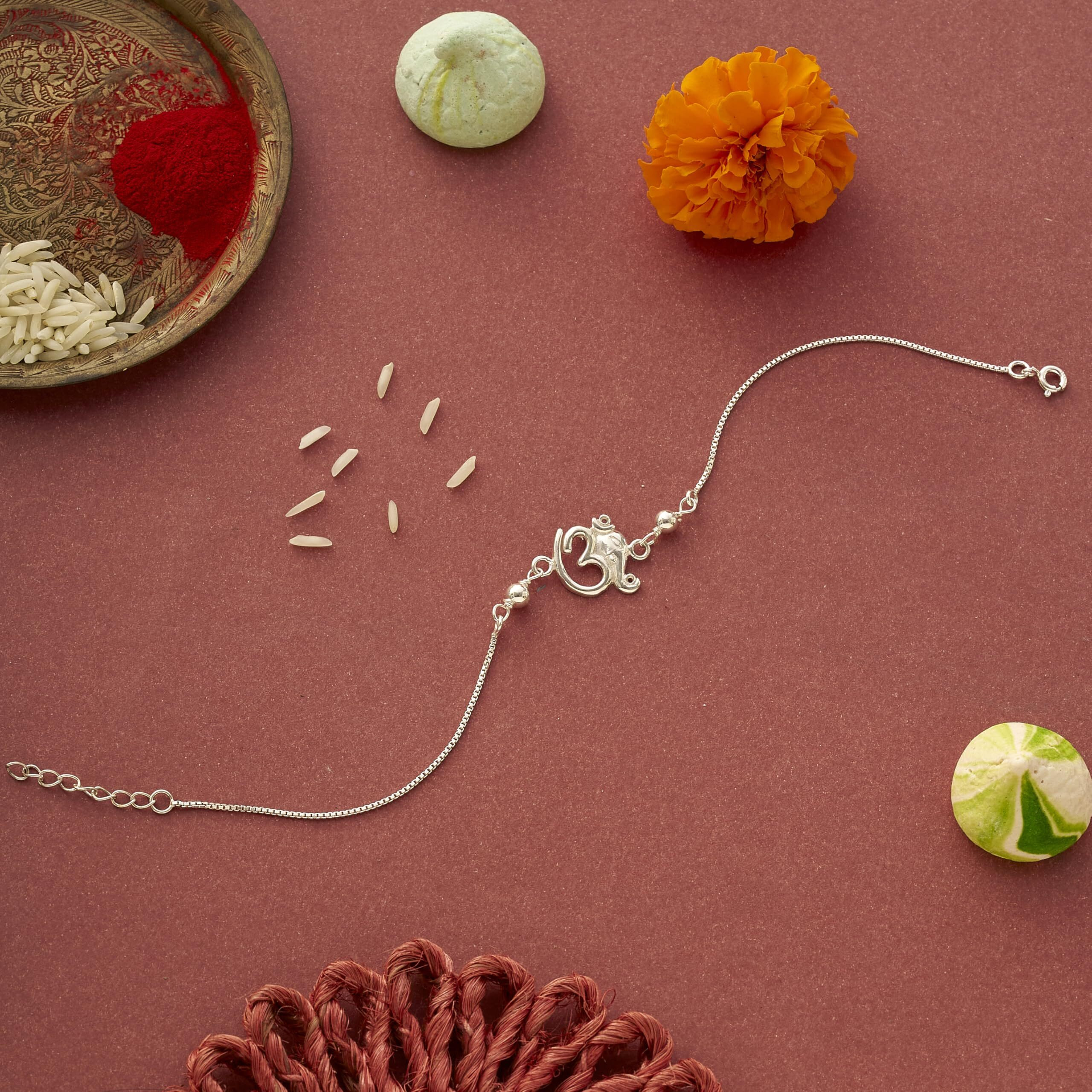 Parnika 925 Om Ganesha Rudraksha Infinity Bro Shiv Bhai Adjustable Silver Rakhi Bracelet For Brother In 92.5 Sterling Silver For Boys And Men | Chandi Ki Rakhi | Gift Box Roli Chawal (Om Ganesha)