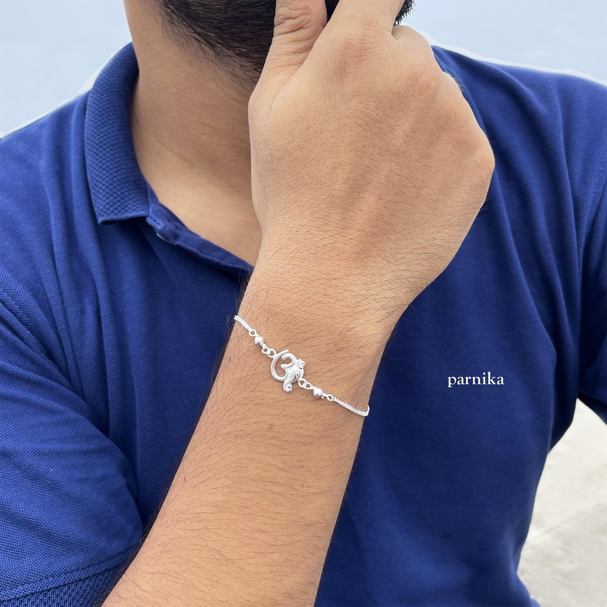 Parnika 925 Om Ganesha Rudraksha Infinity Bro Shiv Bhai Adjustable Silver Rakhi Bracelet For Brother In 92.5 Sterling Silver For Boys And Men | Chandi Ki Rakhi | Gift Box Roli Chawal (Om Ganesha)
