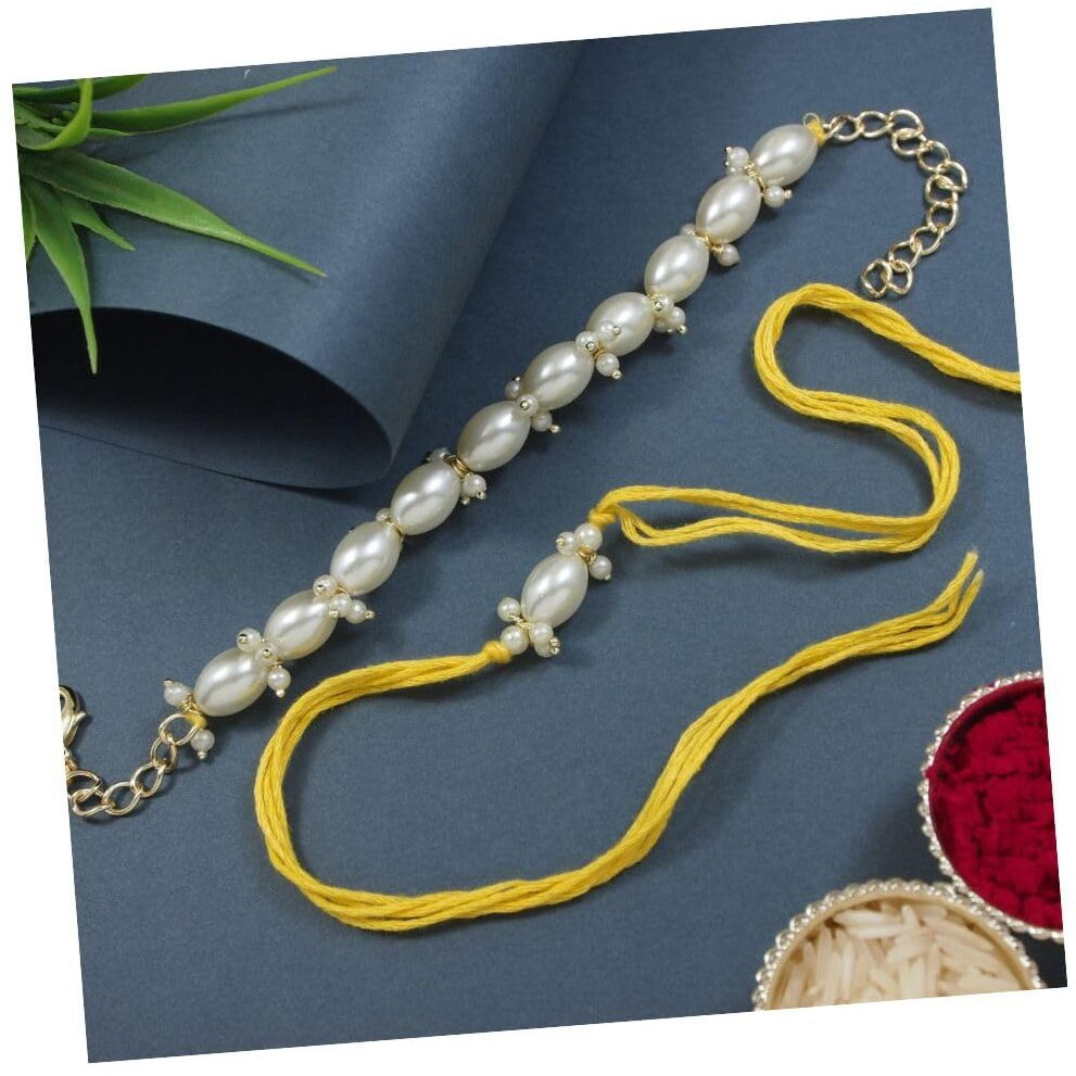 I Jewels Mens White Pearl Bhaiya Bhabhi Lumba Rakhi Set With Roli Chawal & Rakshabandhan Greeting Card (R158-Co) (White)