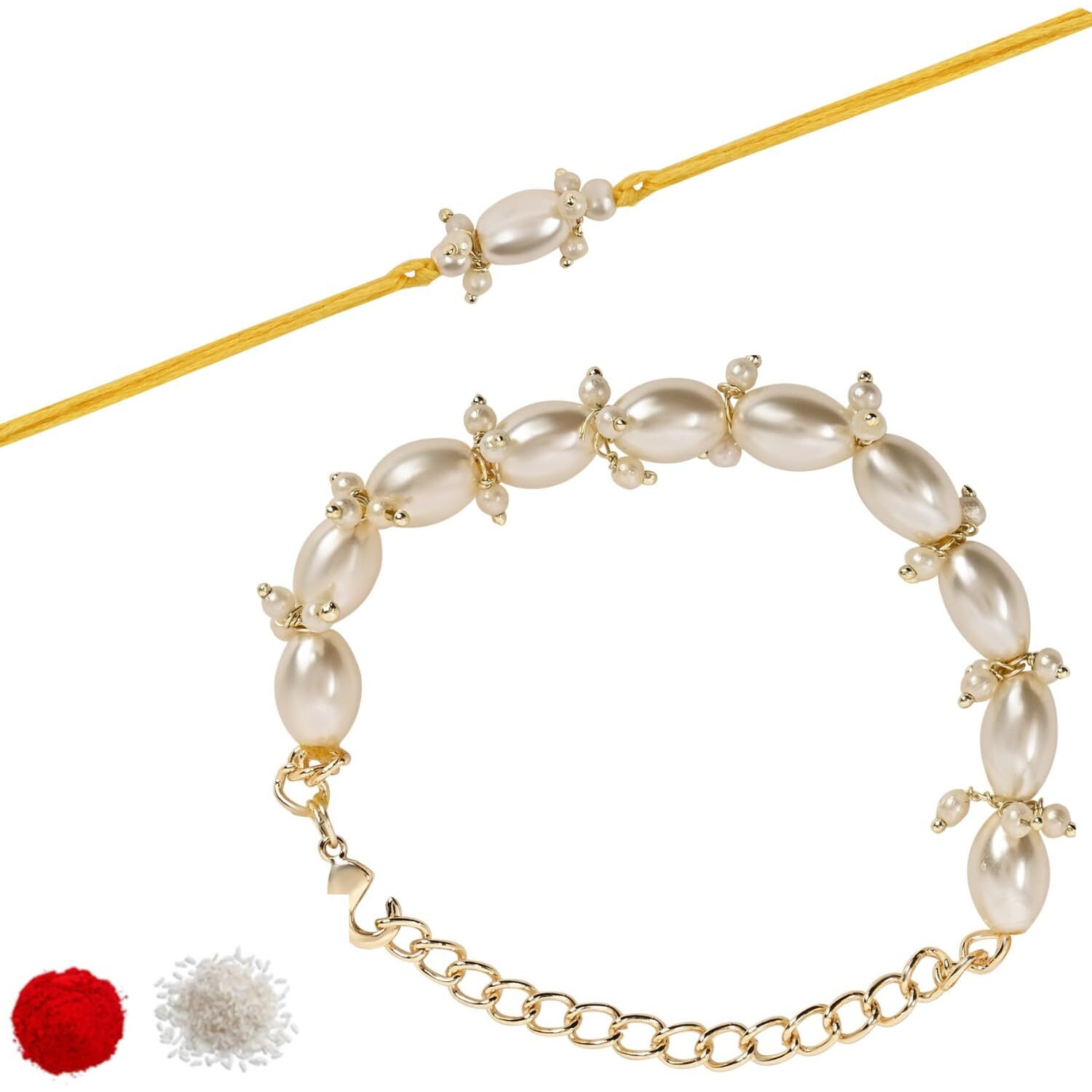 I Jewels Mens White Pearl Bhaiya Bhabhi Lumba Rakhi Set With Roli Chawal & Rakshabandhan Greeting Card (R158-Co) (White)