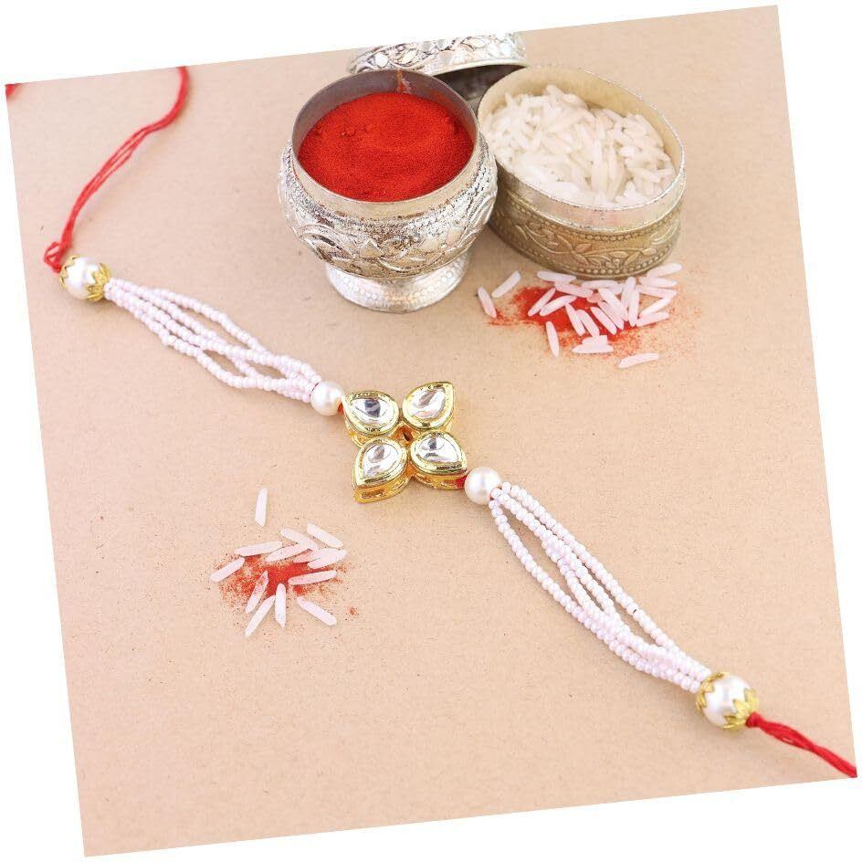 I Jewels Rakshabandhan Designer Handcrafted Pearl & Kundan Bhaiya Rakhi With Roli Chawal For Brother/Bro/Men (R120W)