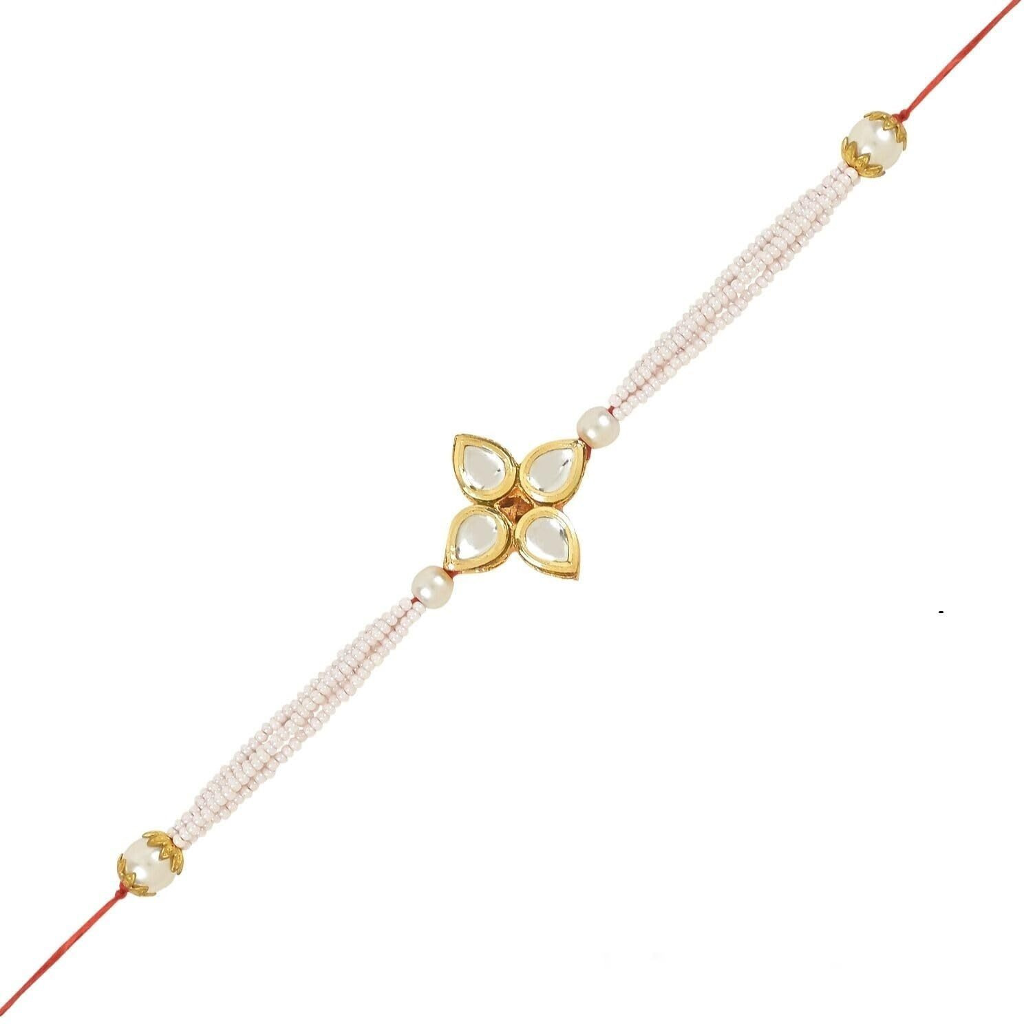 I Jewels Rakshabandhan Designer Handcrafted Pearl & Kundan Bhaiya Rakhi With Roli Chawal For Brother/Bro/Men (R120W)