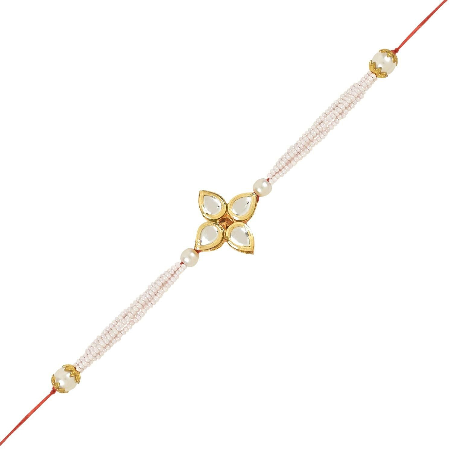 I Jewels Rakshabandhan Designer Handcrafted Pearl & Kundan Bhaiya Rakhi With Roli Chawal For Brother/Bro/Men (R120W)