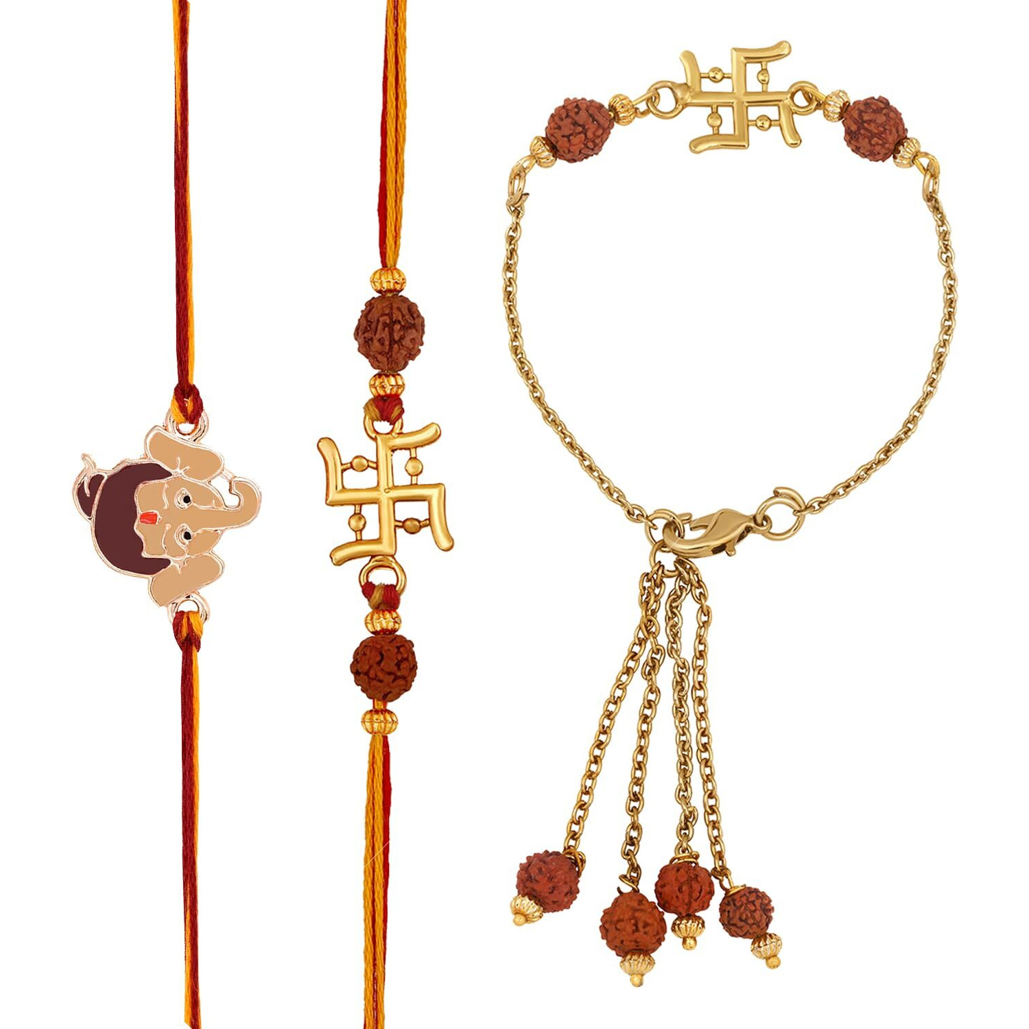 Mahi Combo Of Bal Genesha And Swastik Bhaiya Bhabhi Bhatija Family Rakhi With Rudraksha (Rcolb1105702M)
