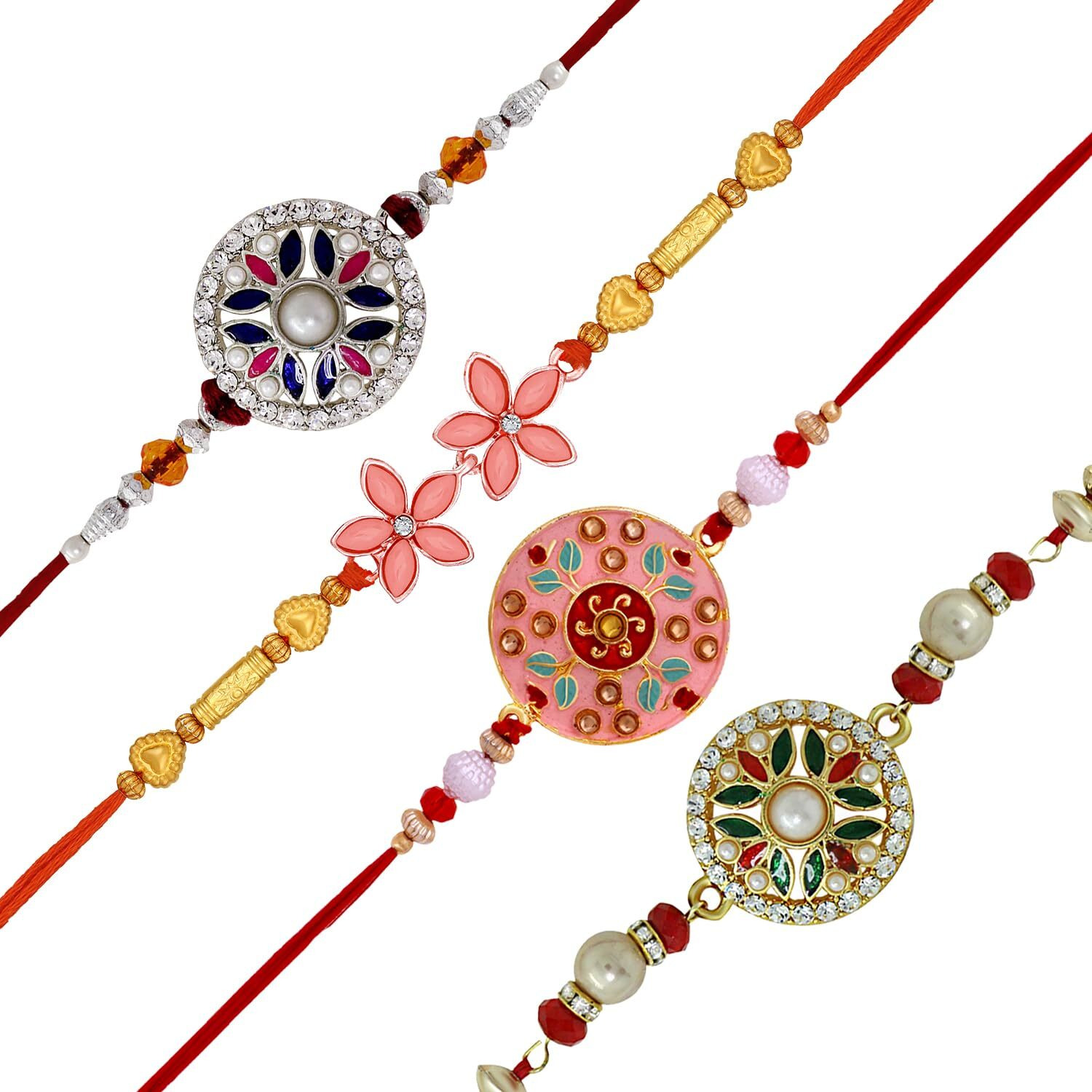 Mahi Combo Of 4 Meenaakari Work Floral Rakhis With Multicolor Crystals For Brother, Bhai, Bro (Rco1105727M)