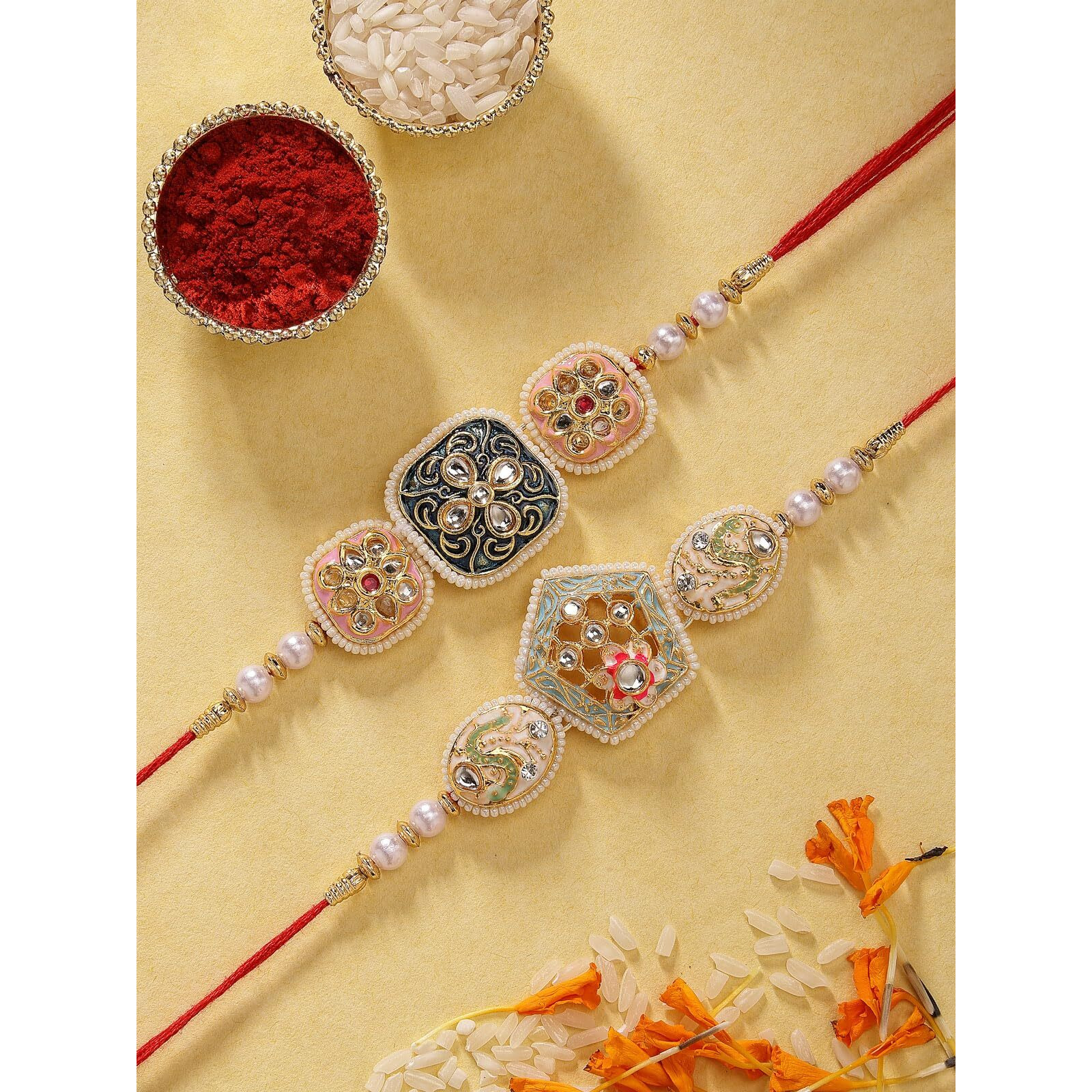 Sukkhi Rakhi Ravishing Kundan & Pearls Designer Meenakari Gold Plated Premium Rakhi For Brother With Roli Chawal & Greeting Card|Rakhi For Brother/Bhaiya/Bhai/Men|Rakhi Combo-Set Of 2|Cbrak106960