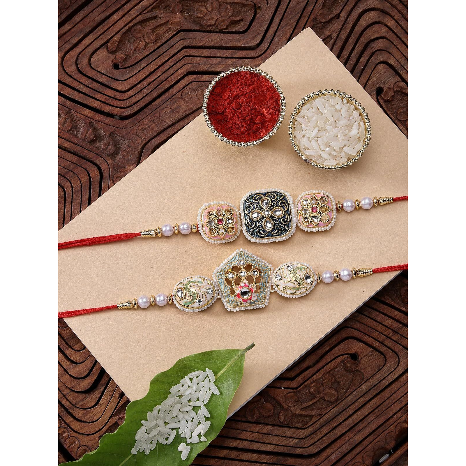 Sukkhi Rakhi Ravishing Kundan & Pearls Designer Meenakari Gold Plated Premium Rakhi For Brother With Roli Chawal & Greeting Card|Rakhi For Brother/Bhaiya/Bhai/Men|Rakhi Combo-Set Of 2|Cbrak106960