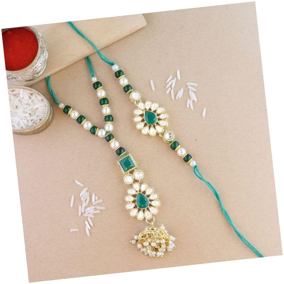 I Jewels Mens Kundan & Pearl Hanging Bhaiya Bhabhi Lumba Rakhi Combo Set With Roli Chawal And Rakshabandhan Card (R118G-Co)