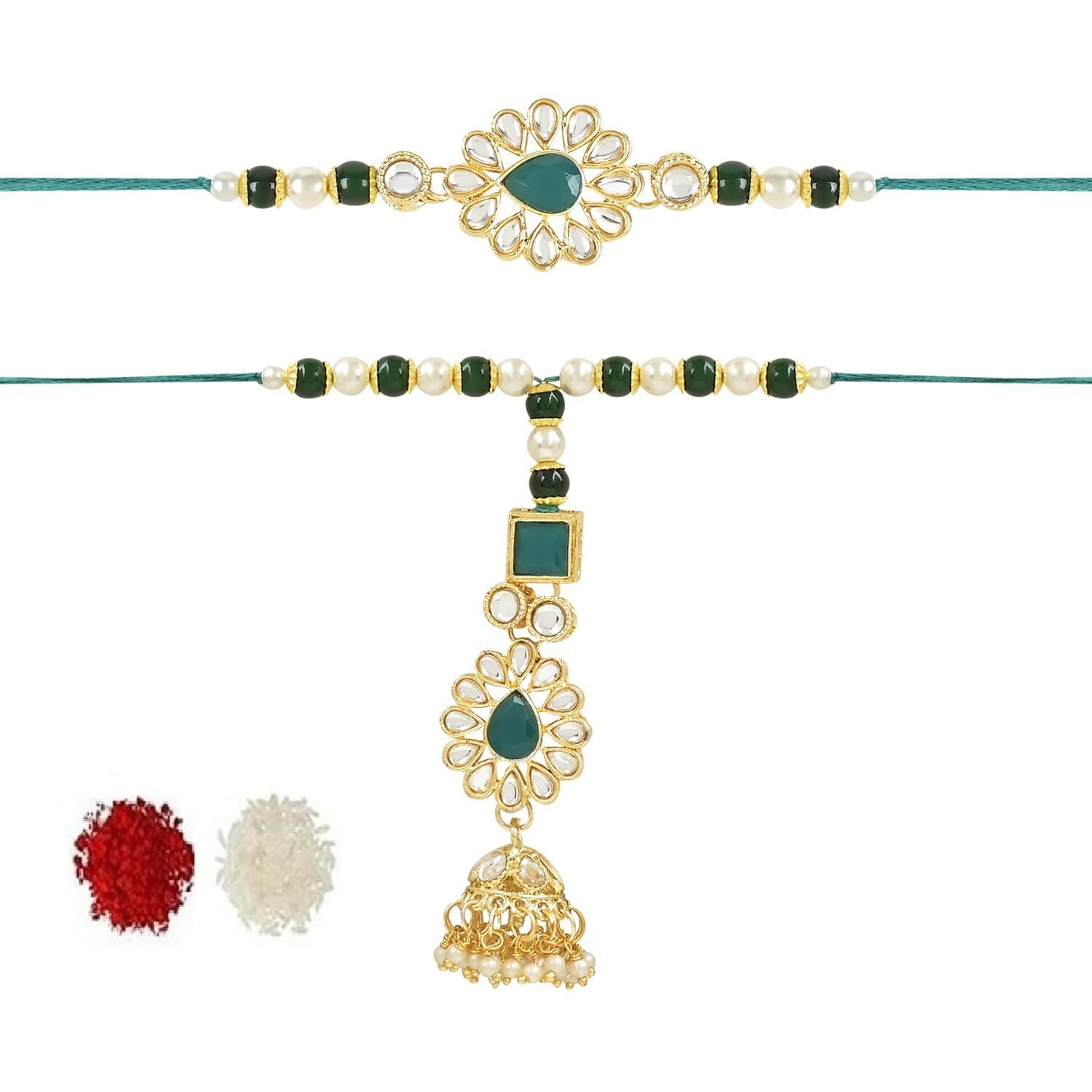 I Jewels Mens Kundan & Pearl Hanging Bhaiya Bhabhi Lumba Rakhi Combo Set With Roli Chawal And Rakshabandhan Card (R118G-Co)