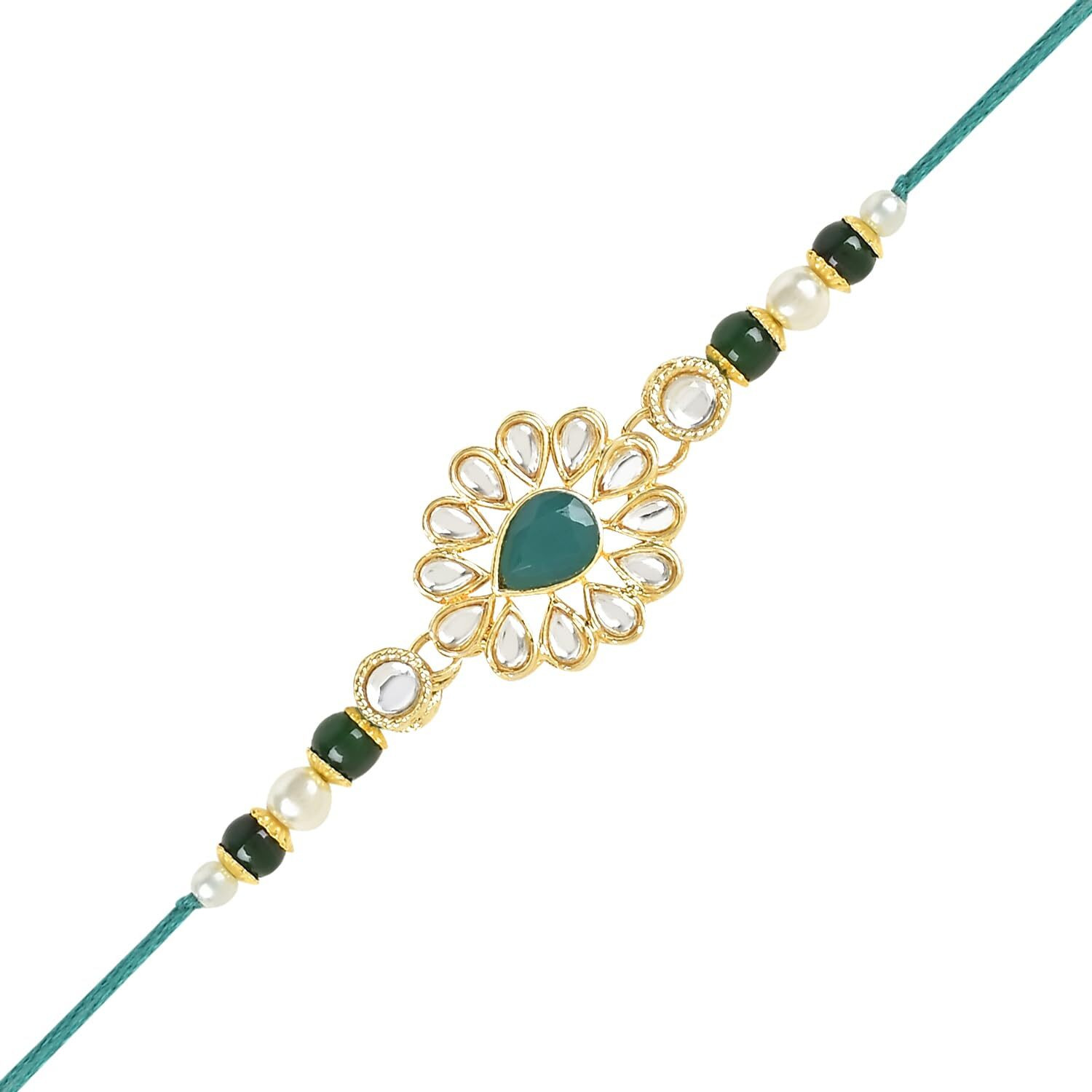 I Jewels Mens Kundan & Pearl Hanging Bhaiya Bhabhi Lumba Rakhi Combo Set With Roli Chawal And Rakshabandhan Card (R118G-Co)