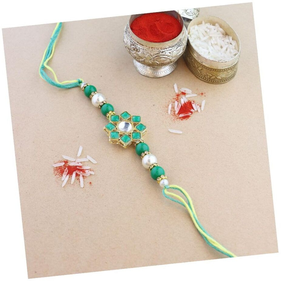 I Jewels Pearl & Kundan Designer Bhaiya Rakhi With Roli Chawal For Brother/Bro/Men With Rakshabandhan Card (R108G)