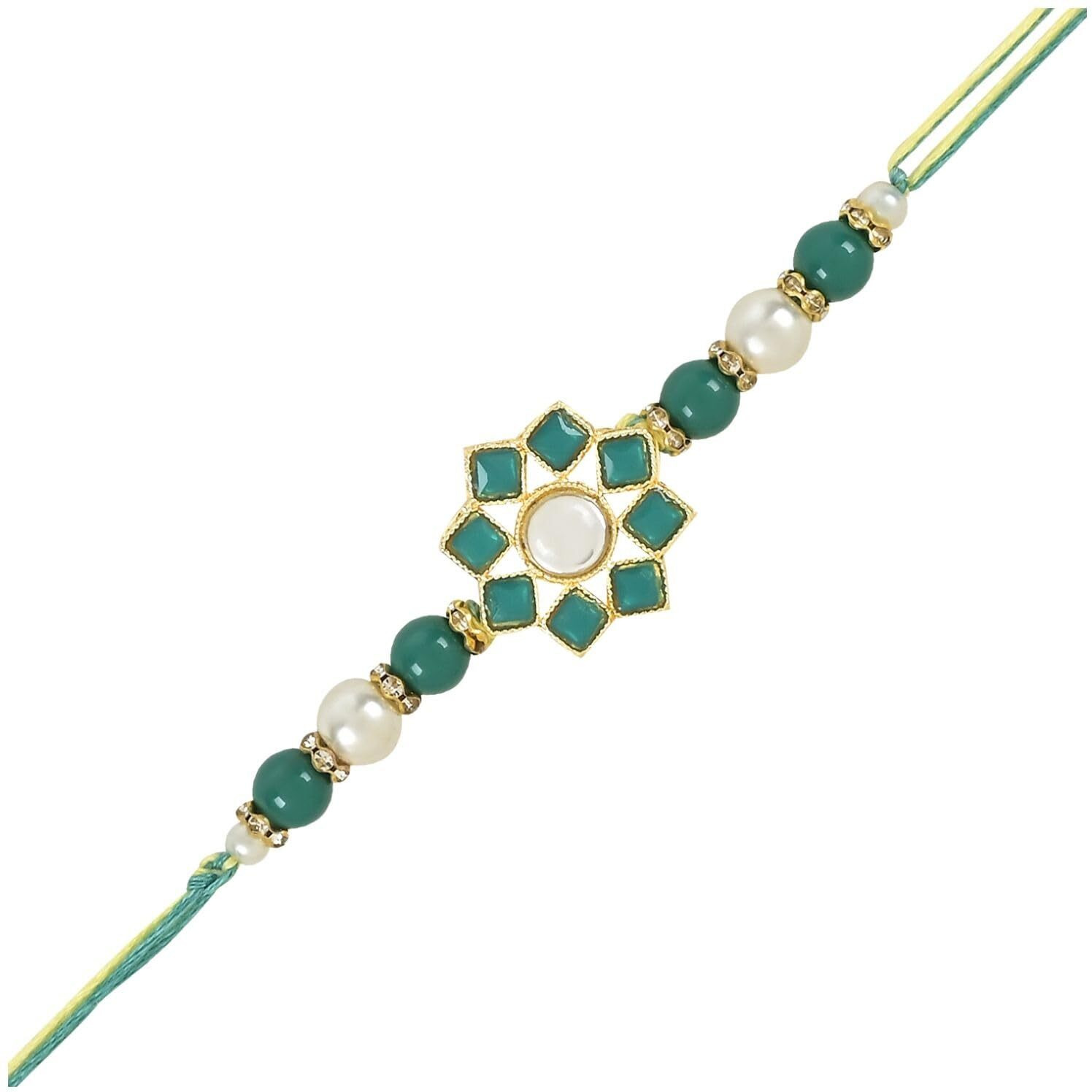 I Jewels Pearl & Kundan Designer Bhaiya Rakhi With Roli Chawal For Brother/Bro/Men With Rakshabandhan Card (R108G)